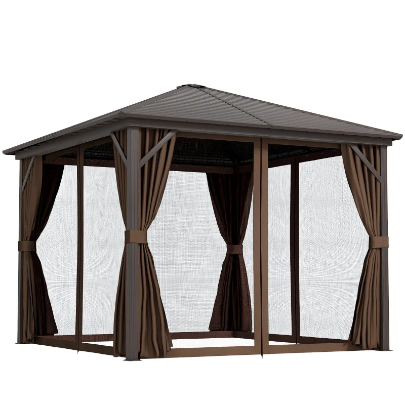 10' x 10' Hardtop Gazebo Canopy, Permanent Pavilion with Hook, Curtains, Aluminum Frame for Patio, Garden, Dark Brown