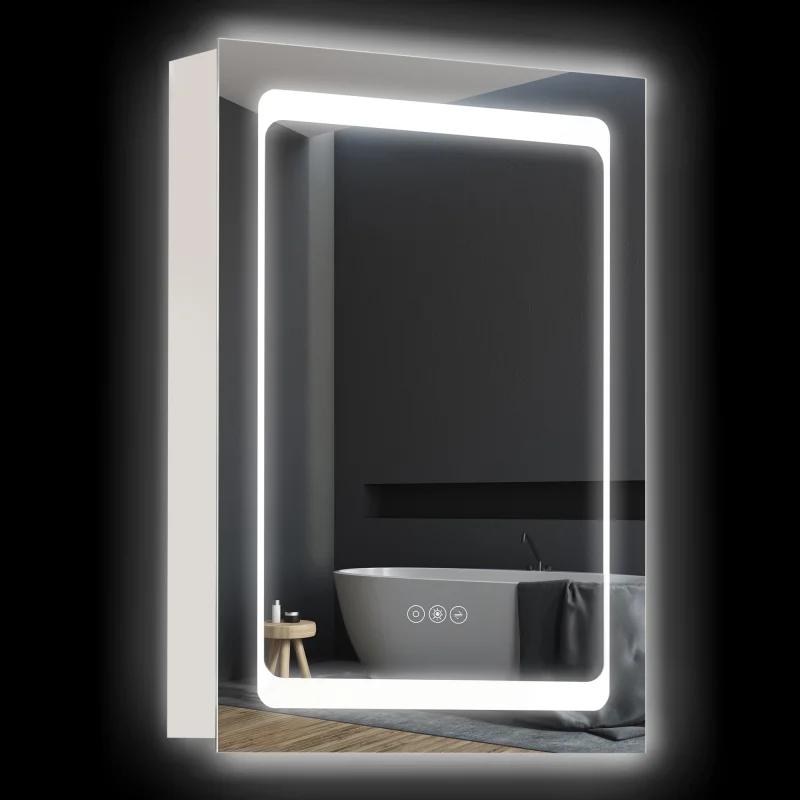 Wall-Mounted Plug-In Bathroom Organizer with 3 Storage Shelves, LED Lighted Medicine Cabinet with Mirror