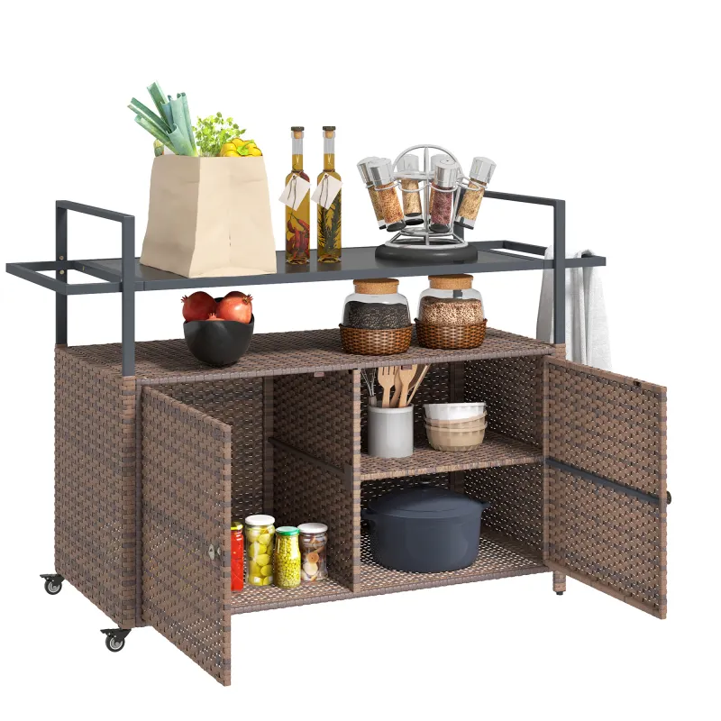 2-Tier Shelf PE Rattan Outdoor Bar Table, Glass Top Outdoor Serving Cart with Cabinet, Mixed Brown