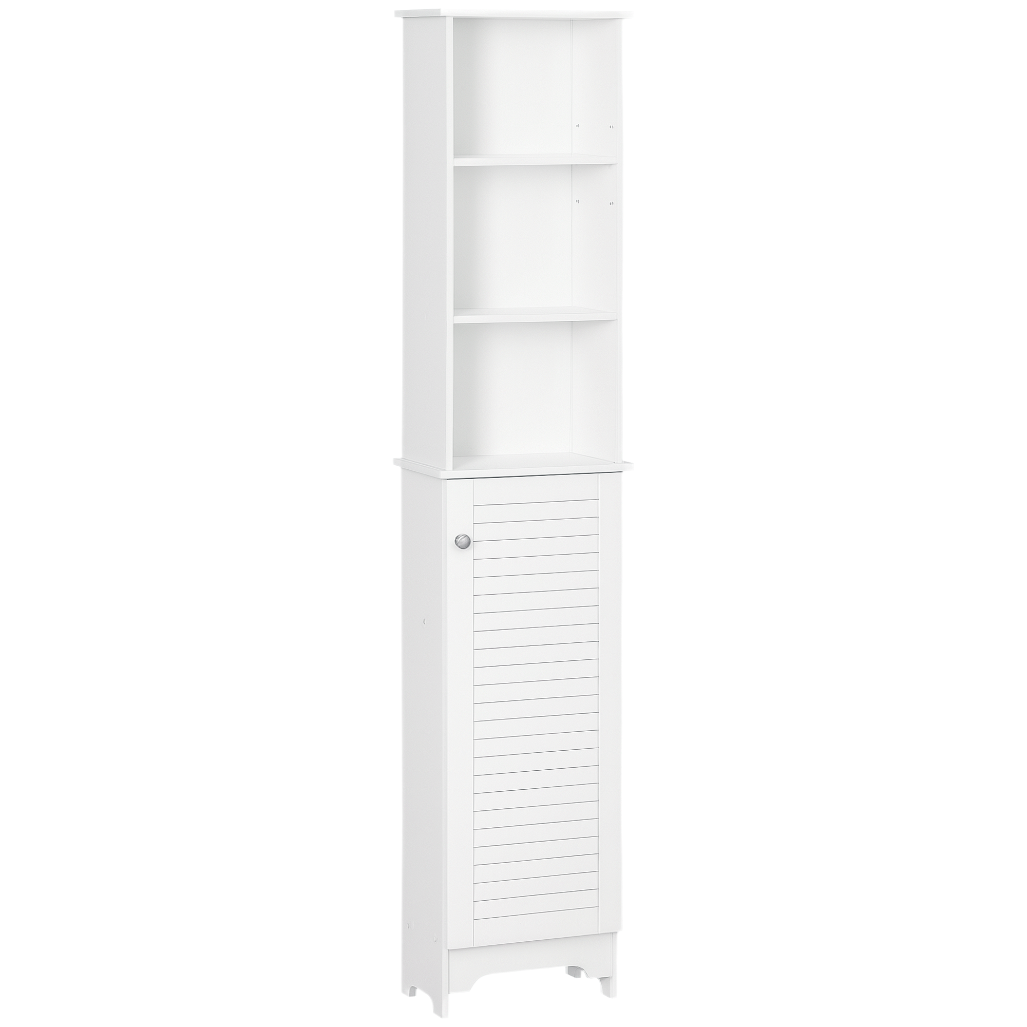 Tall Bathroom Storage Cabinet/Freestanding Linen Tower with 3-Tier Open Adjustable Shelf and Cupboard, White