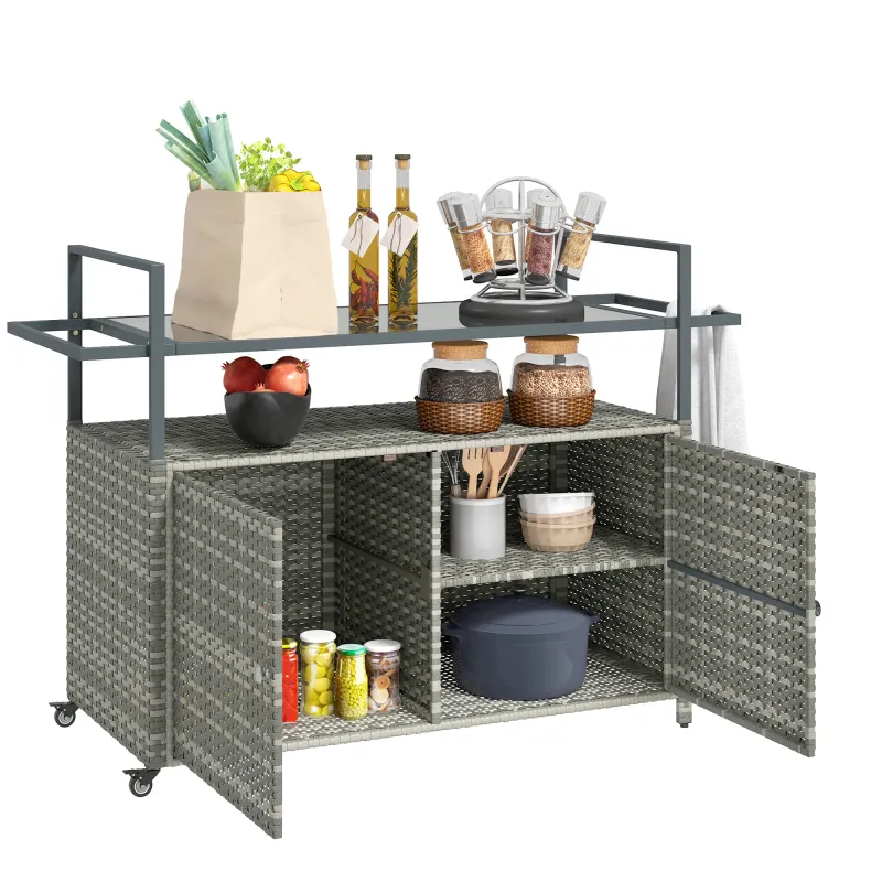 2-Tier Shelf PE Rattan Outdoor Bar Table, Glass Top Outdoor Serving Cart with Cabinet, Mixed Gray
