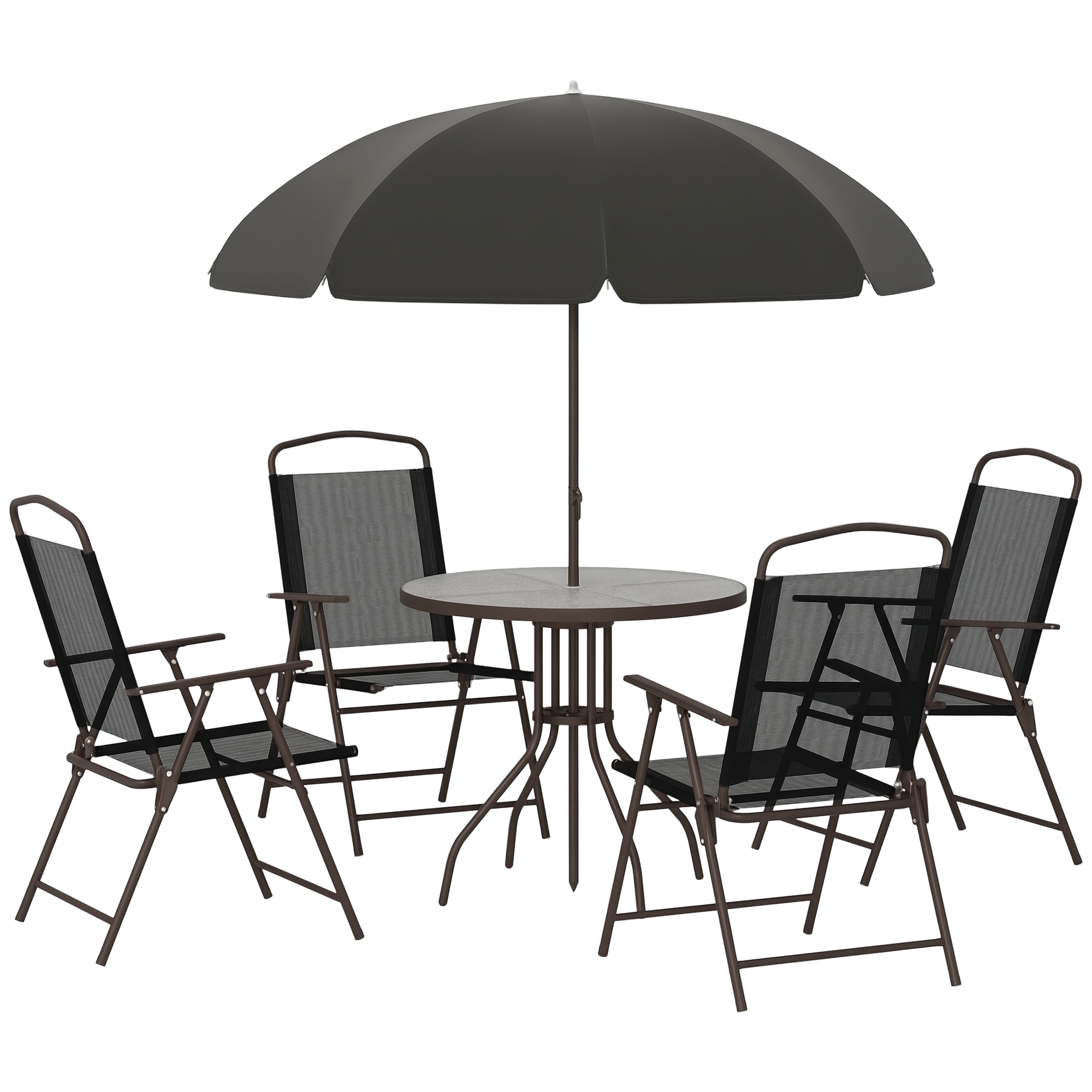 6 Piece Patio Dining Set for 4 with Umbrella, Outdoor Table and Chairs with 4 Folding Dining Chairs & Round Glass Table for Garden, Backyard and Poolside, Black and Coffee