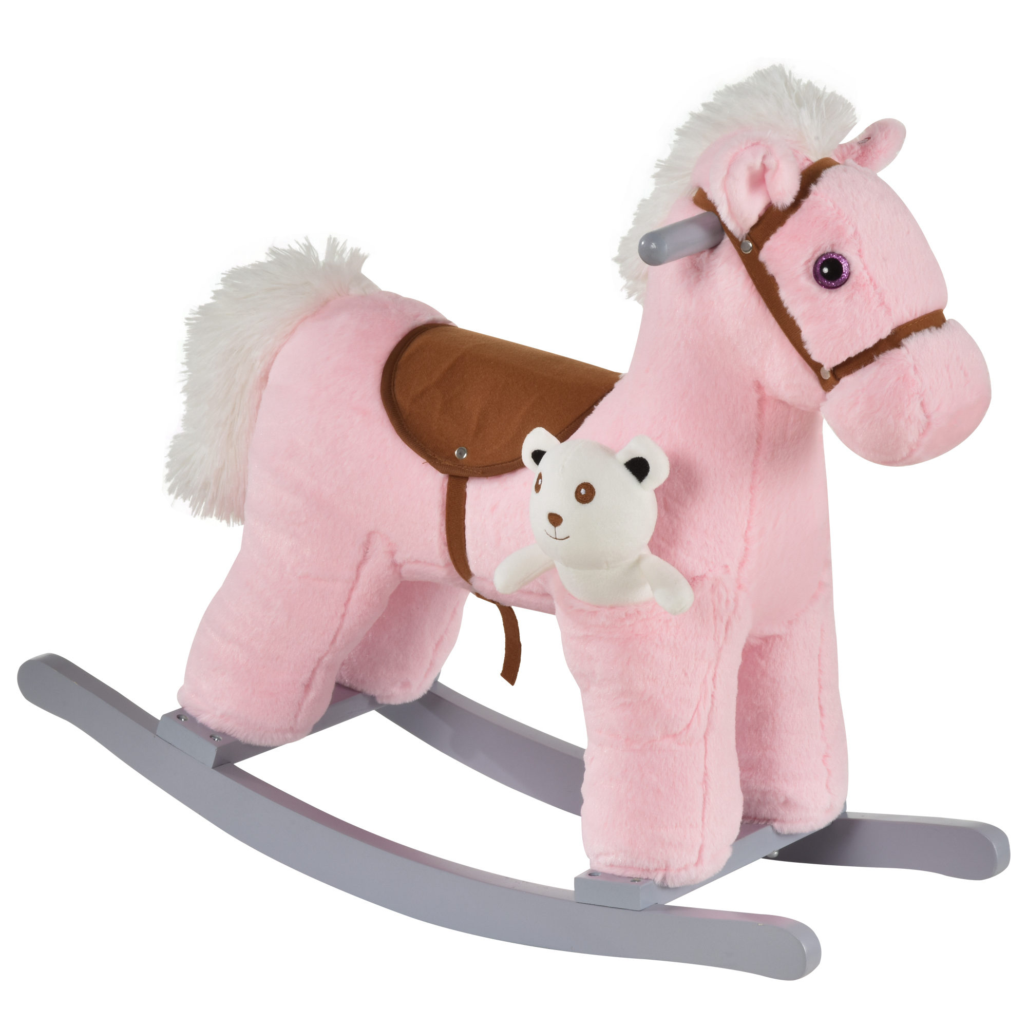 Kids Rocking Horse with Bear Toy, Plush Animal Rocker with Fun Realistic Sounds for Toddler 18-36 Months, Pink