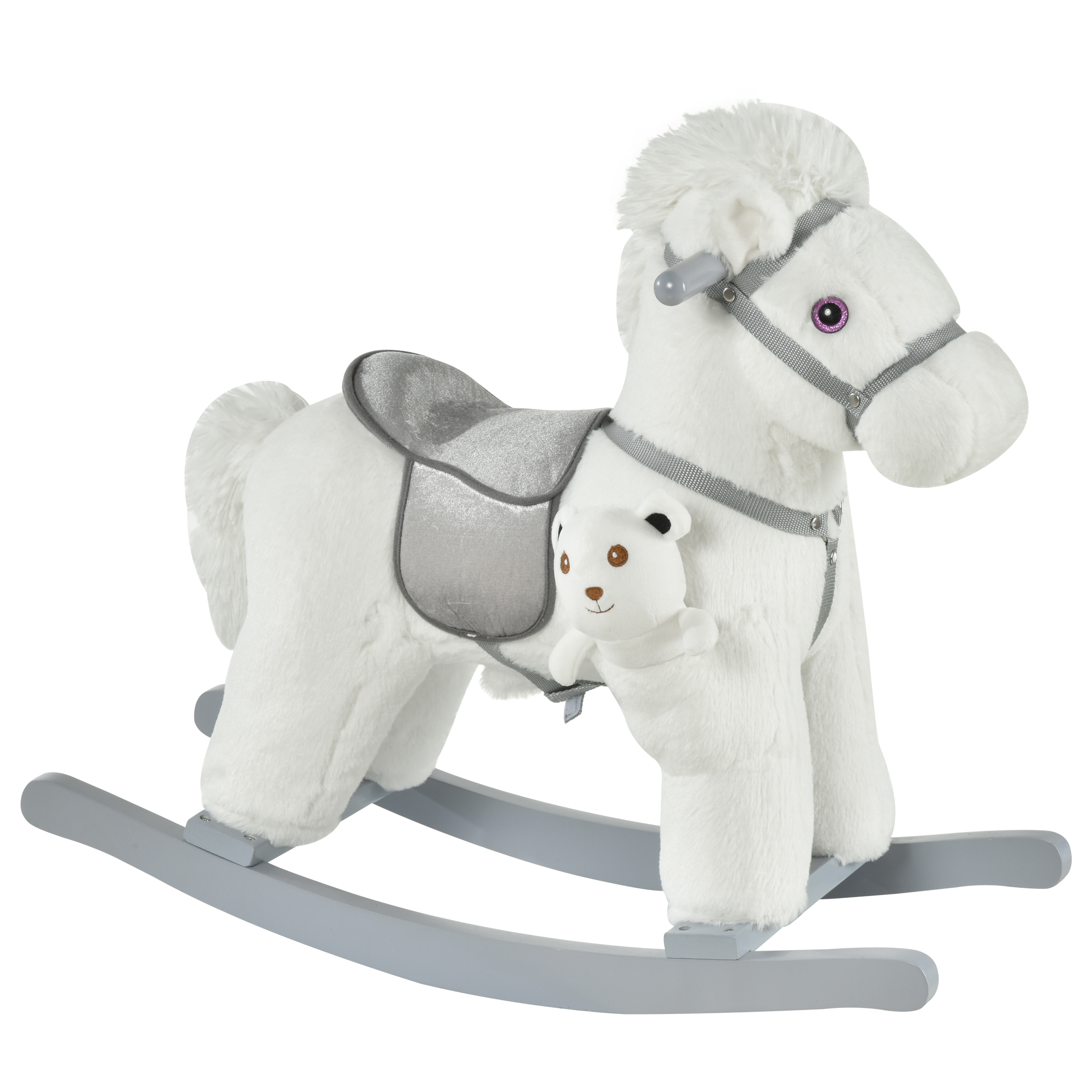 Kids Rocking Horse with Bear Toy, Plush Animal Rocker with Fun Realistic Sounds for Toddler 18-36 Months, White