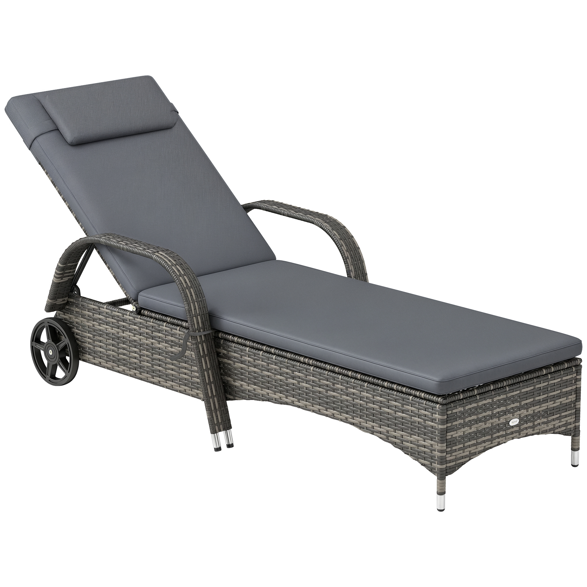Outdoor Chaise Lounge, 5-Level Adjustable Backrest Rattan Pool Lounge Chair with Wheels, Cushion & Headrest, Gray