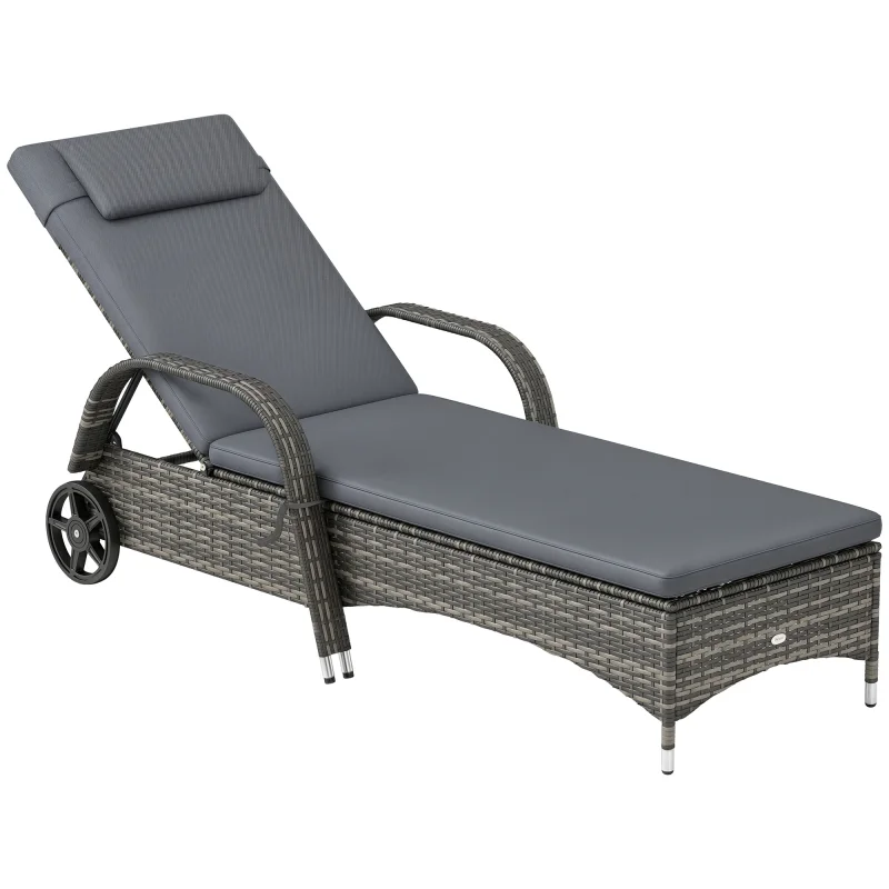Outdoor Chaise Lounge, 5-Level Adjustable Backrest Rattan Pool Lounge Chair with Wheels, Cushion & Headrest, Gray
