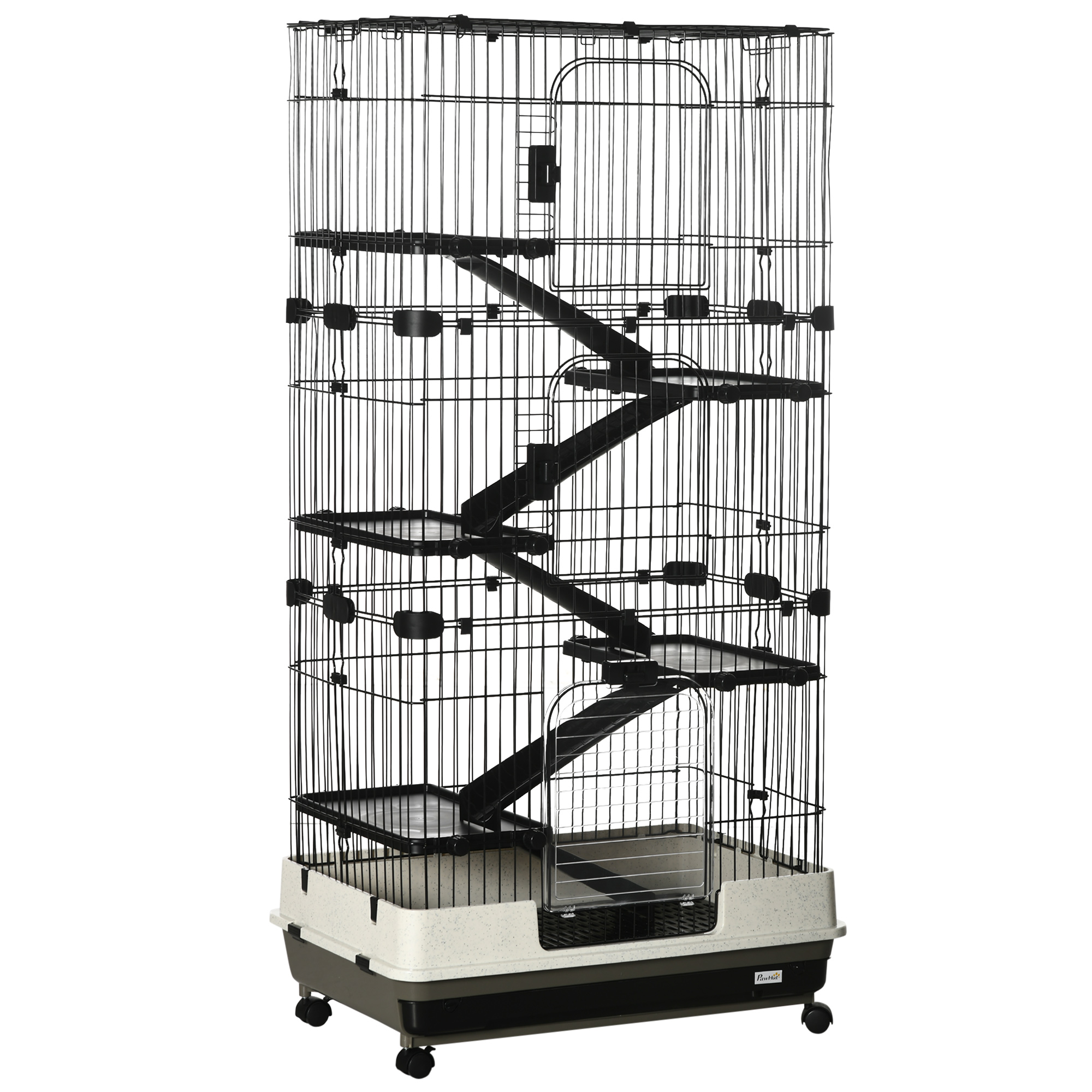 32"L 6-Level Small Animal Cage Bunny Hutch with Universal Wheels, Slide-out Tray for Chinchillas, Ferret, Black
