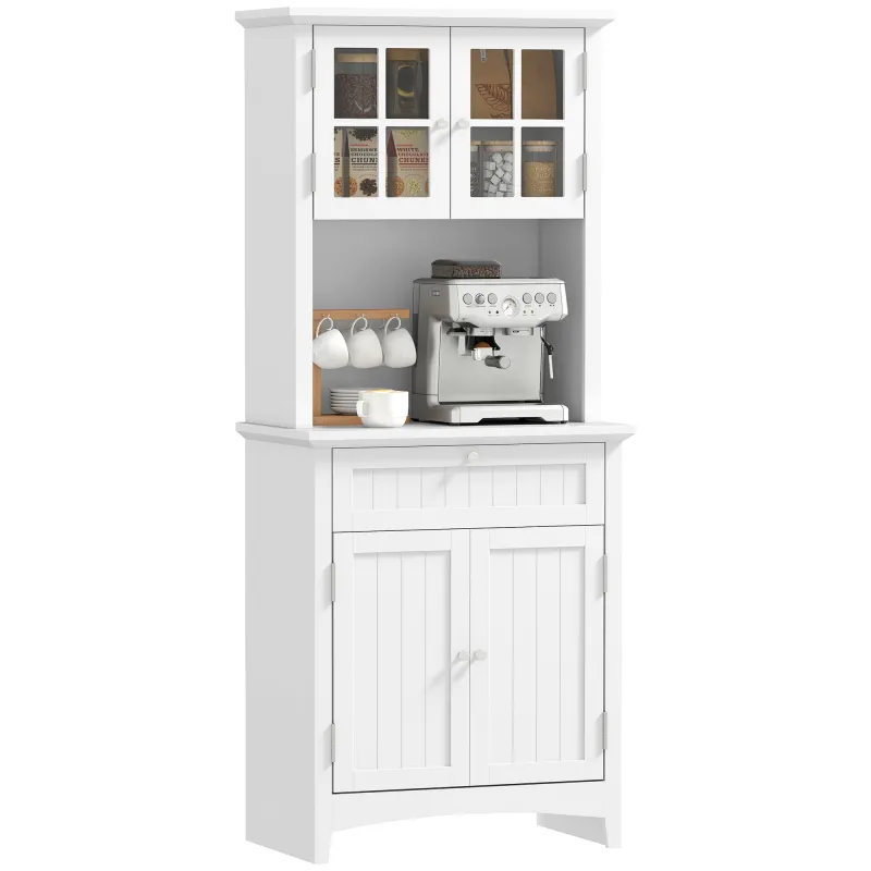 Kitchen Buffet Hutch Wooden Storage Cabinet with Framed Glass Door, Drawer and Microwave Space, White