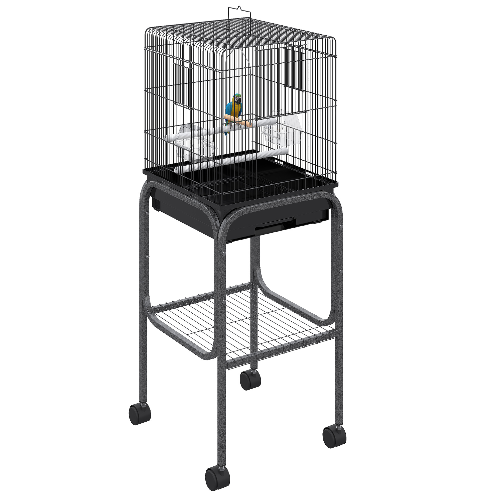 45-inch Metal Indoor Bird Cage, Parrot Cage, Bird Aviary with Detachable Rolling Stand, Storage Basket, and Accessories - Black