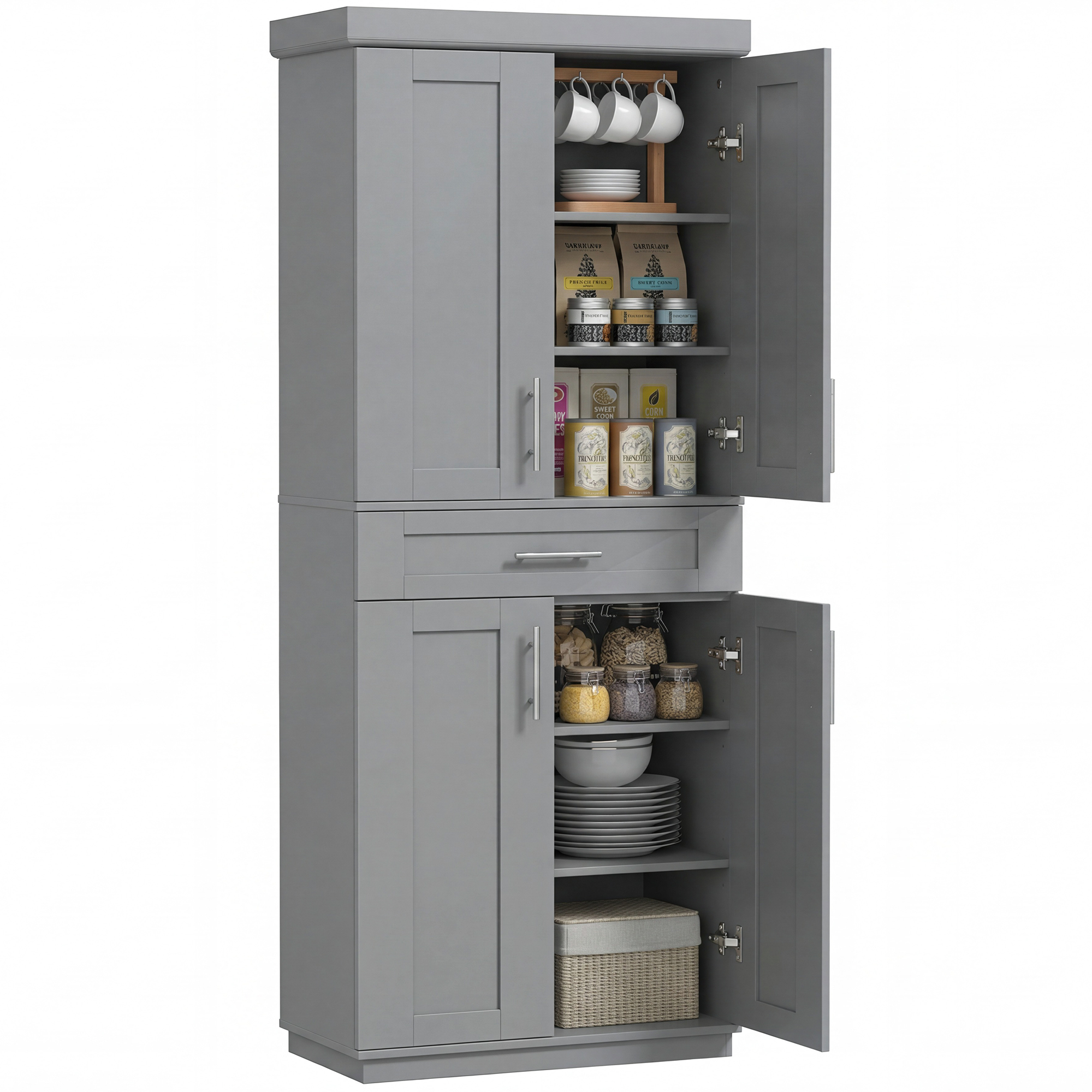 Modern Kitchen Pantry Freestanding Cabinet Cupboard with Doors and Drawer, Adjustable Shelving, Gray