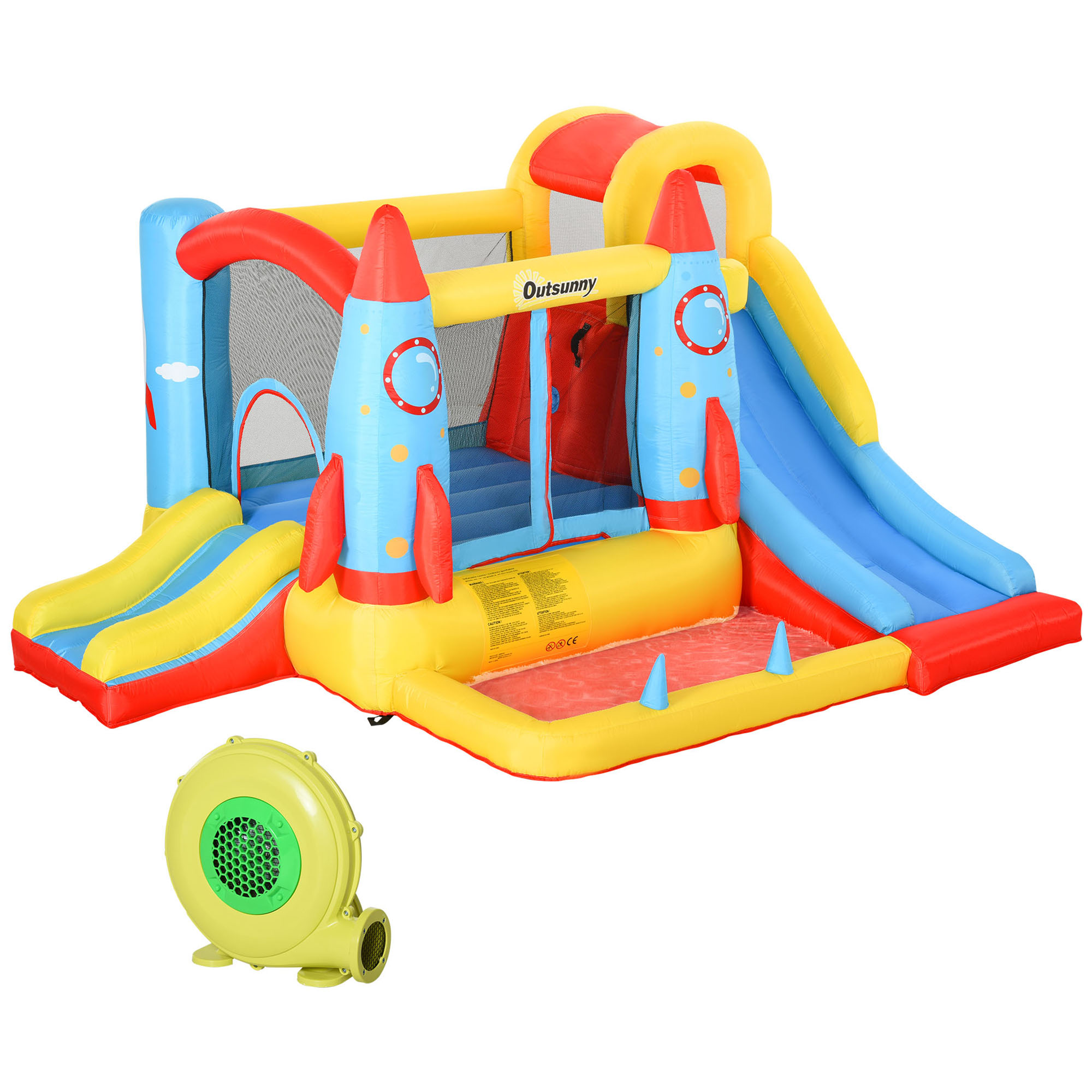 Kids Bounce House, 4-in-1 Rocket Inflatable Water Slide Jumping Castle with 2 Slides, Climbing Wall, Trampoline, & Water Pool Area, Air Blower