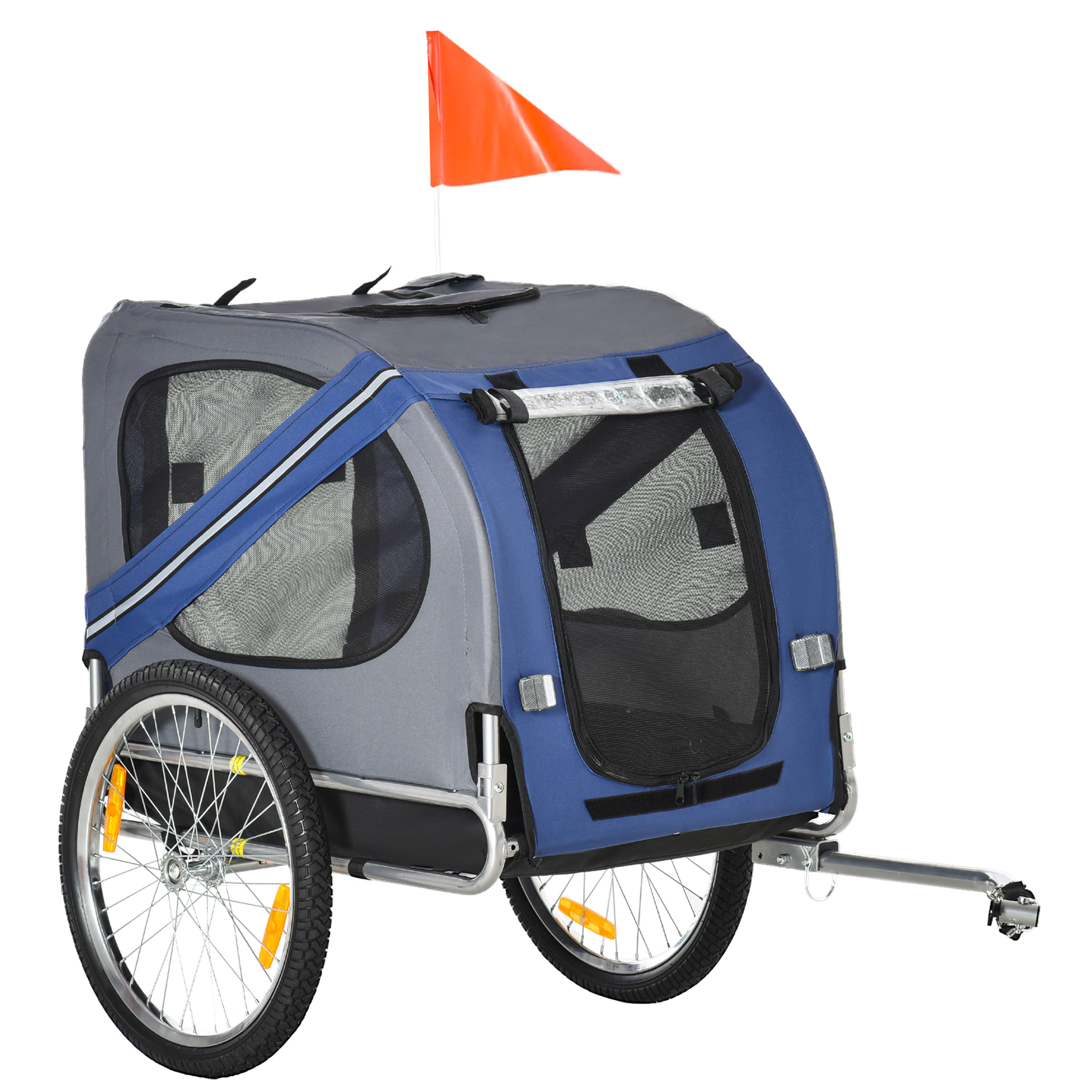 Bike Trailer Cargo Cart for Dogs and Pets with 3 Entrances Large Wheels for Off-Road & Mesh Screen, Blue/Grey