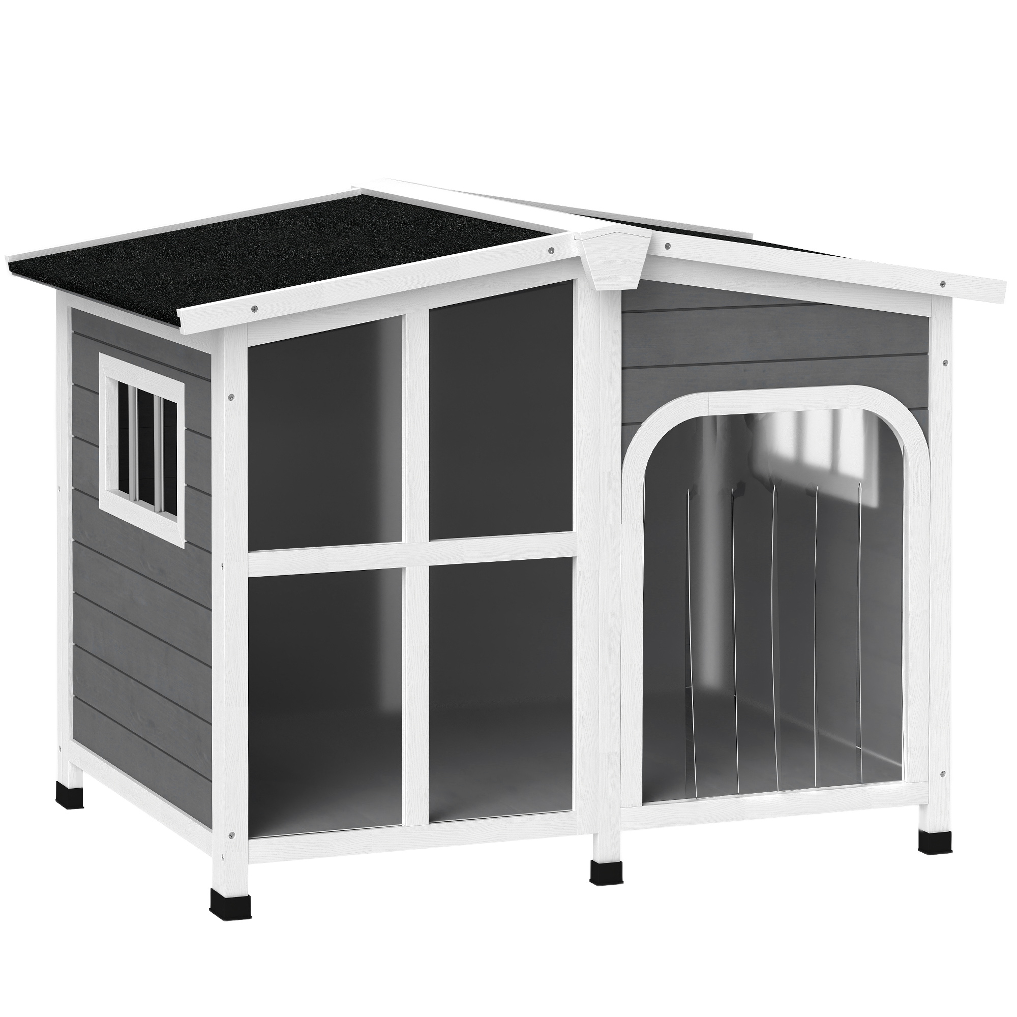 Cabin-Style Wooden Dog House for Large Dogs with Openable Roof & Giant Window, Dark Gray