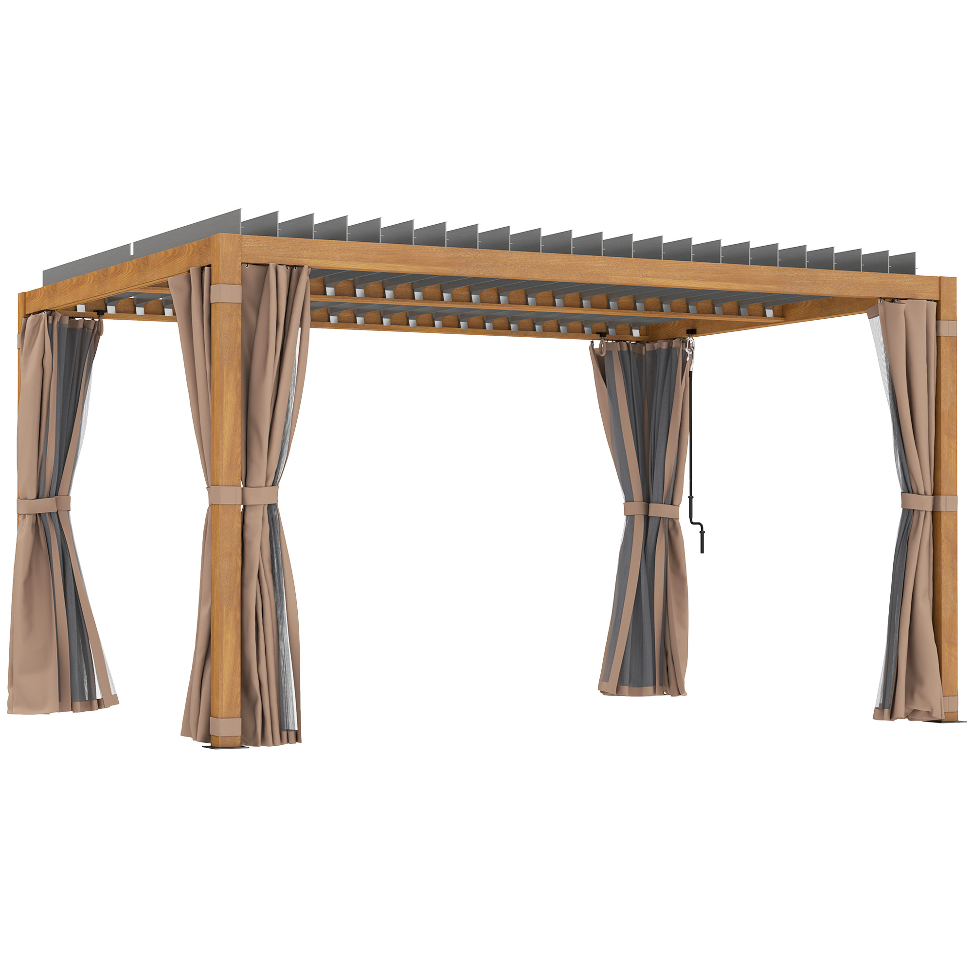 10' x 13' Outdoor Retractable Pergola w/ Sun Shade Louvered Top, Pergola w/ Canopy, Curtains, Netting, Natural Wood