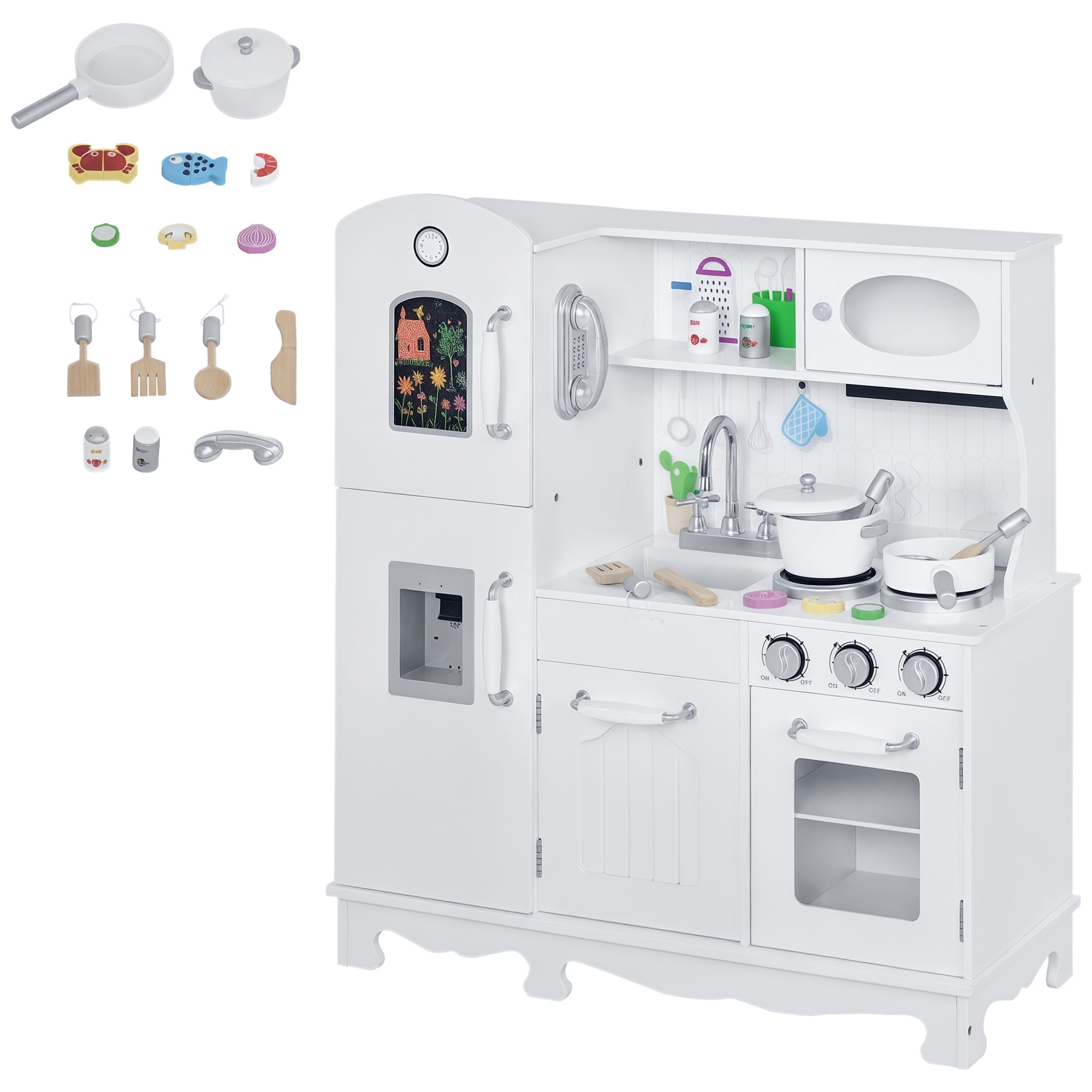 Kids Kitchen Playset with Telephone, Wooden Kitchenette for kids with Cookware, Storage Cabinet, Water Dispenser, Blackboard, Toddler Pretend Play Kitchen with Cooking Accessories for Aged 3+