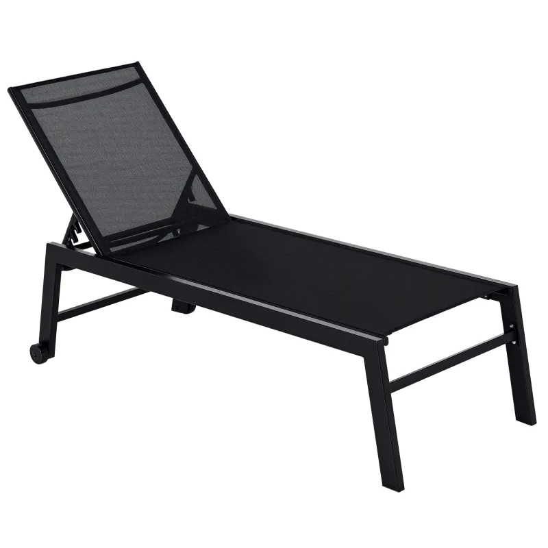 Outdoor Chaise Lounge with Wheels, Five Position Recliner for Sunbathing, Suntanning, Steel Frame, Breathable Fabric for Beach, Yard, Patio, Black