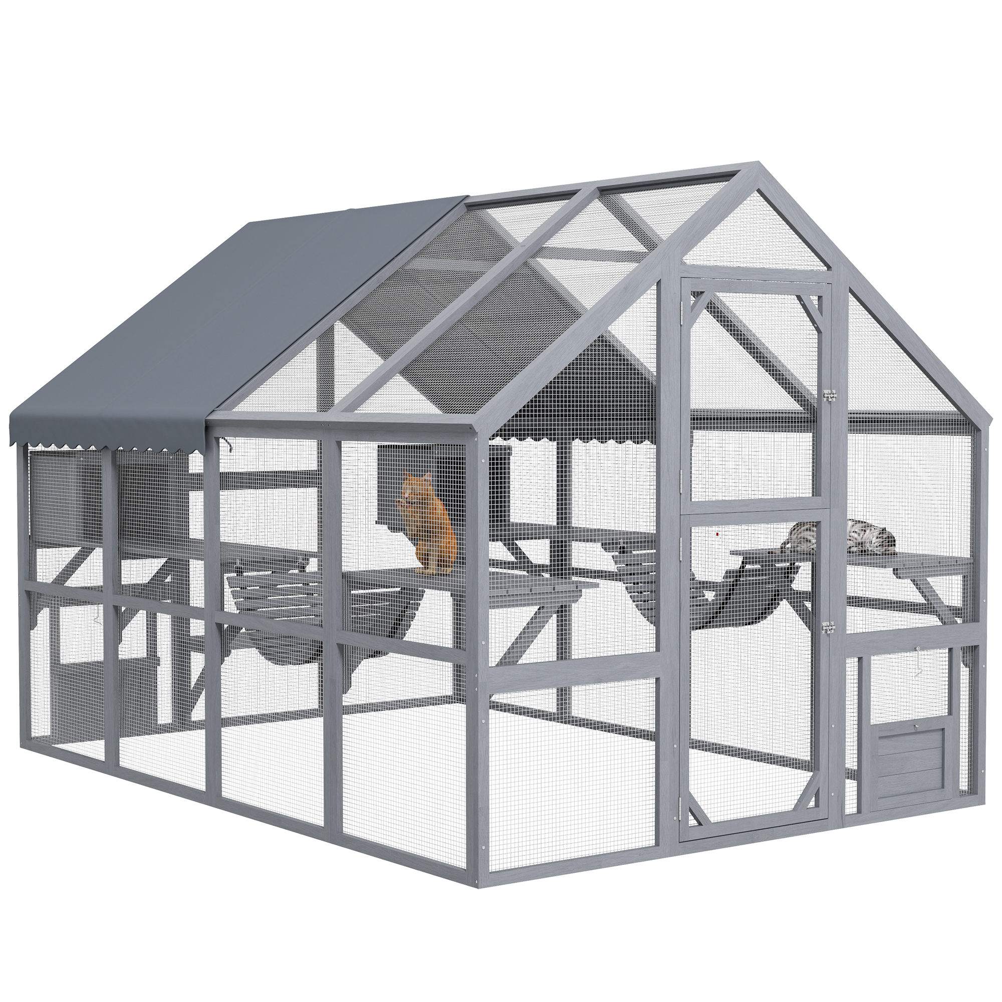 Wooden Catio Outdoor Cat Enclosure with Waterproof Cover, 2 Condos, 6 Platforms, Bridge, Doors, Gray