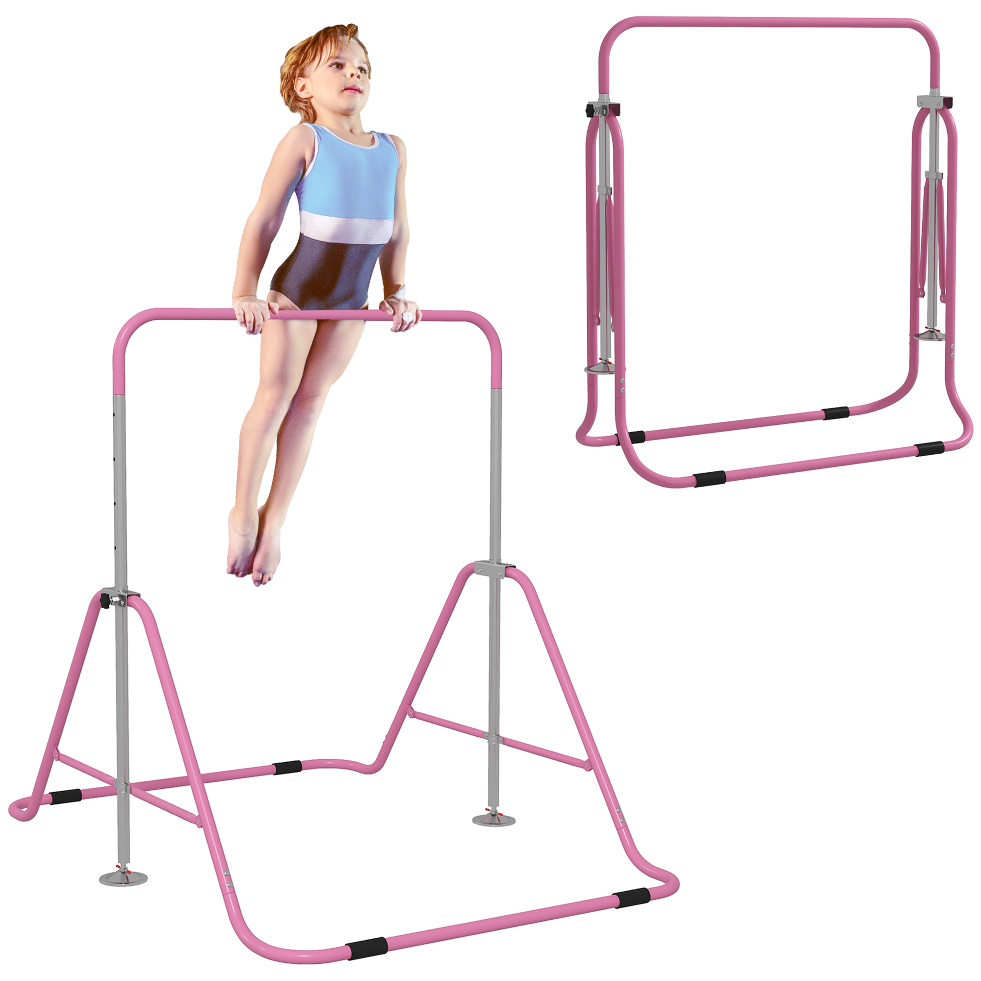 Folding Gymnastics Bar for Kids, Adjustable Height, Bubble Gum Pink