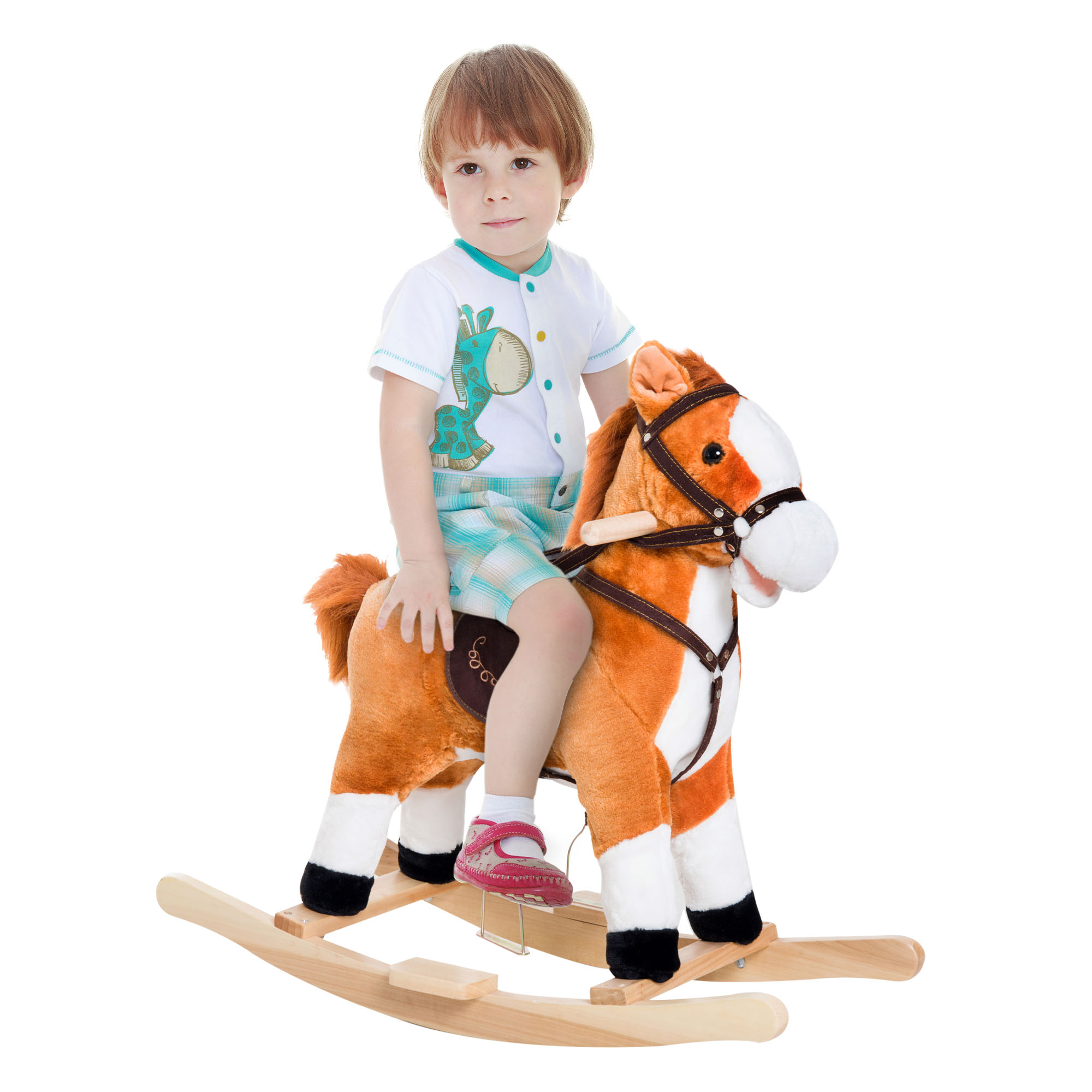 Qaba Kids Plush Toy Rocking Horse Ride-on Toys with Realistic Sounds and Moving Tail - Brown