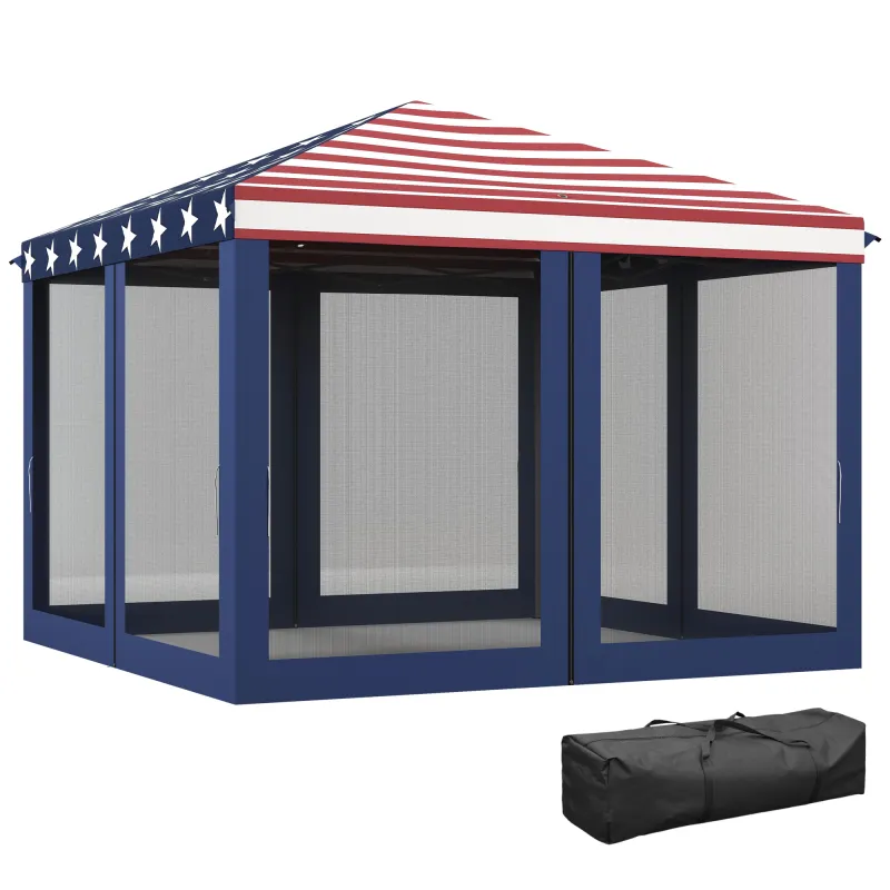10' x 10' Outdoor Pop-Up Canopy with Sidewalls, Mesh Walls, Instant Setup for Party, Events, Patio, Lawn, American Flag