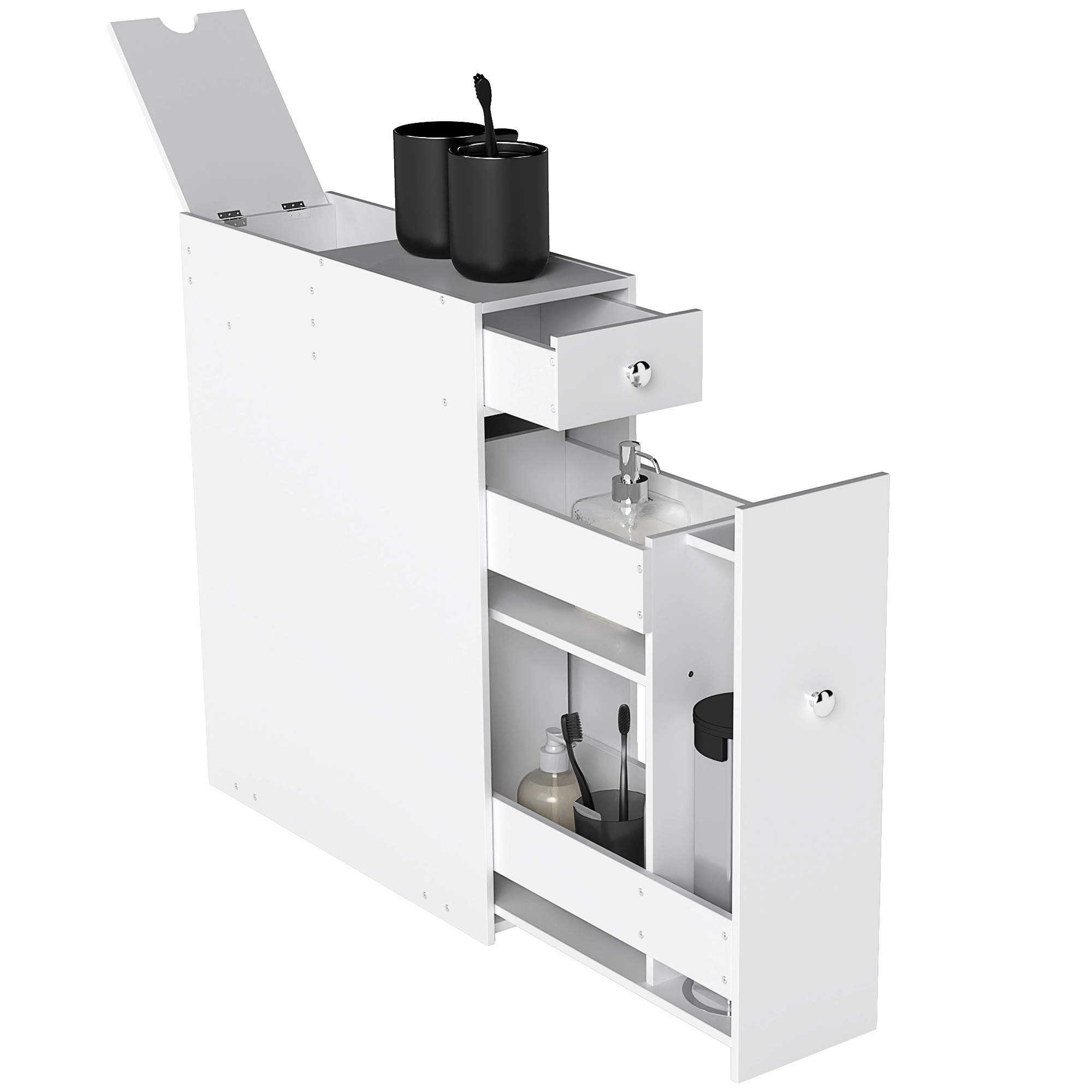 Bathroom Floor Organizer Free Standing Space Saving Narrow Storage Cabinet Bath Toilet Paper Holder with Drawers White