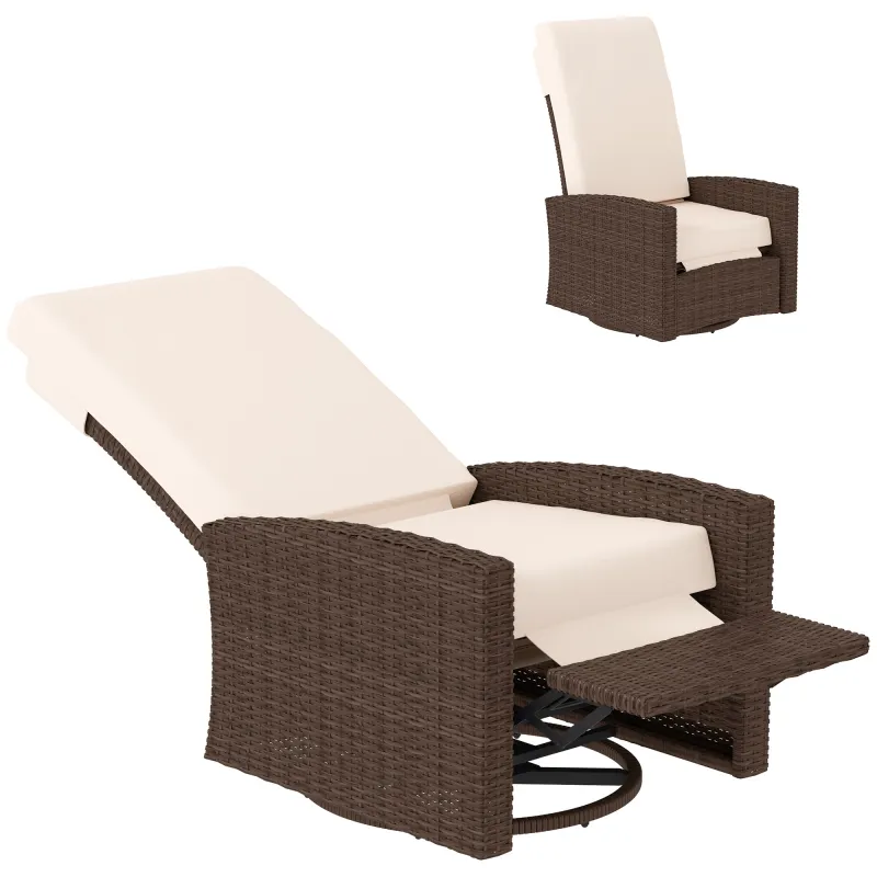 Outdoor Wicker Swivel Recliner Chair, Lifting Footrest, 360° Rotating Basic, Water-resistant Cushions, Cream White