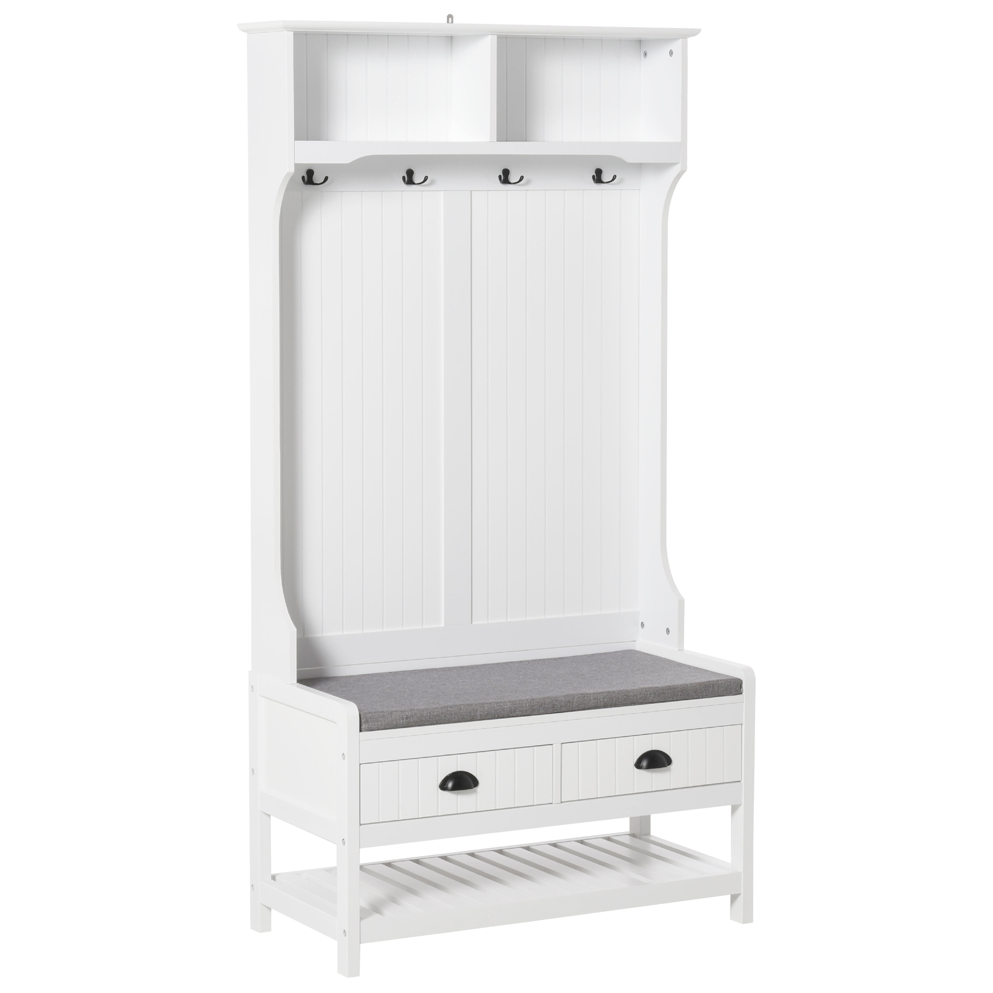 3-in-1 Hall Tree, Entryway Bench with Coat Rack, Mudroom Bench with Shoe Rack, 2 Storage Drawers, 4 Hooks and Padded Seat Cushions for Hallway, White