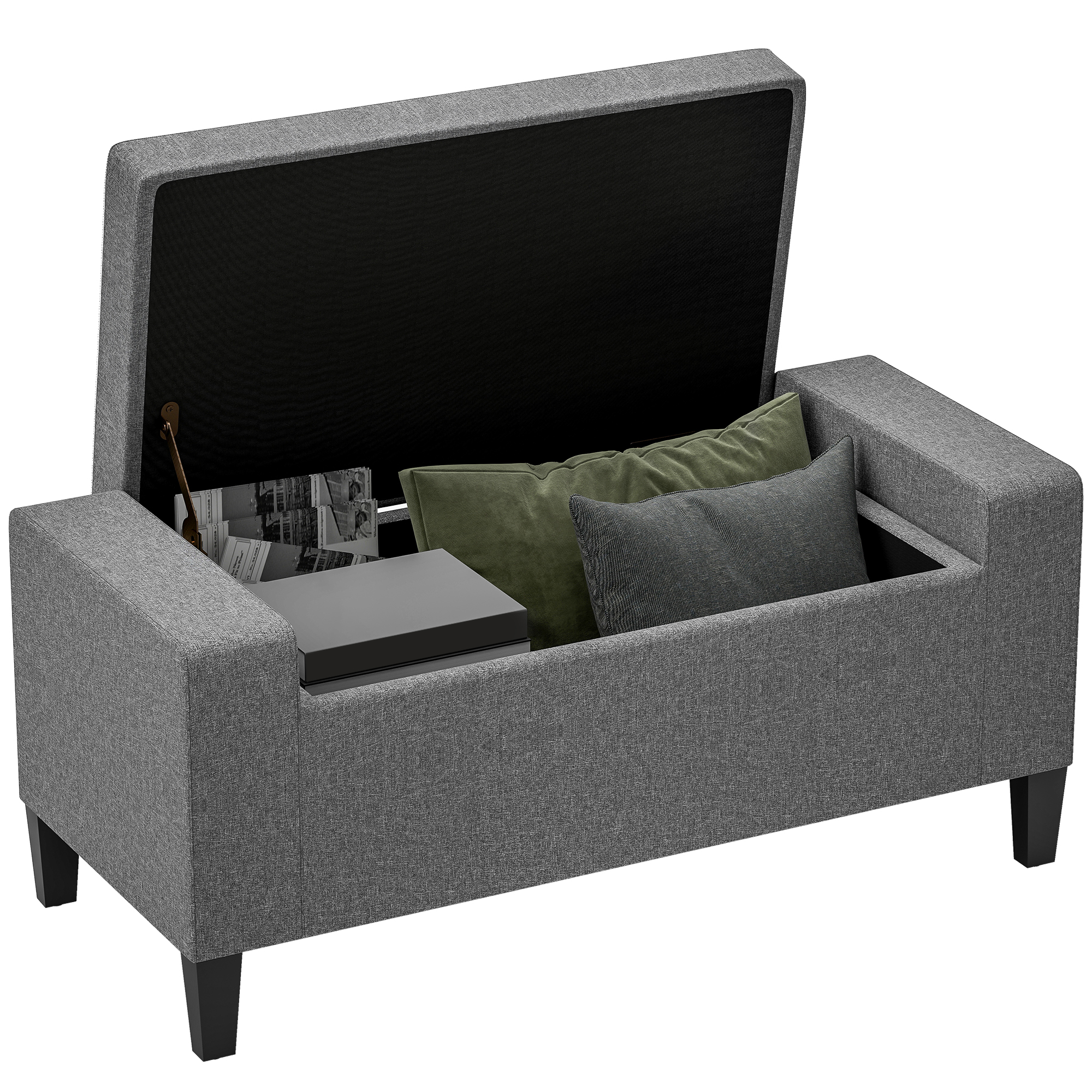 36" Ottoman with Storage, Storage Ottoman Bench with Lift Top and Rubberwood Legs, Linen Upholstered Entryway Seat, Gray