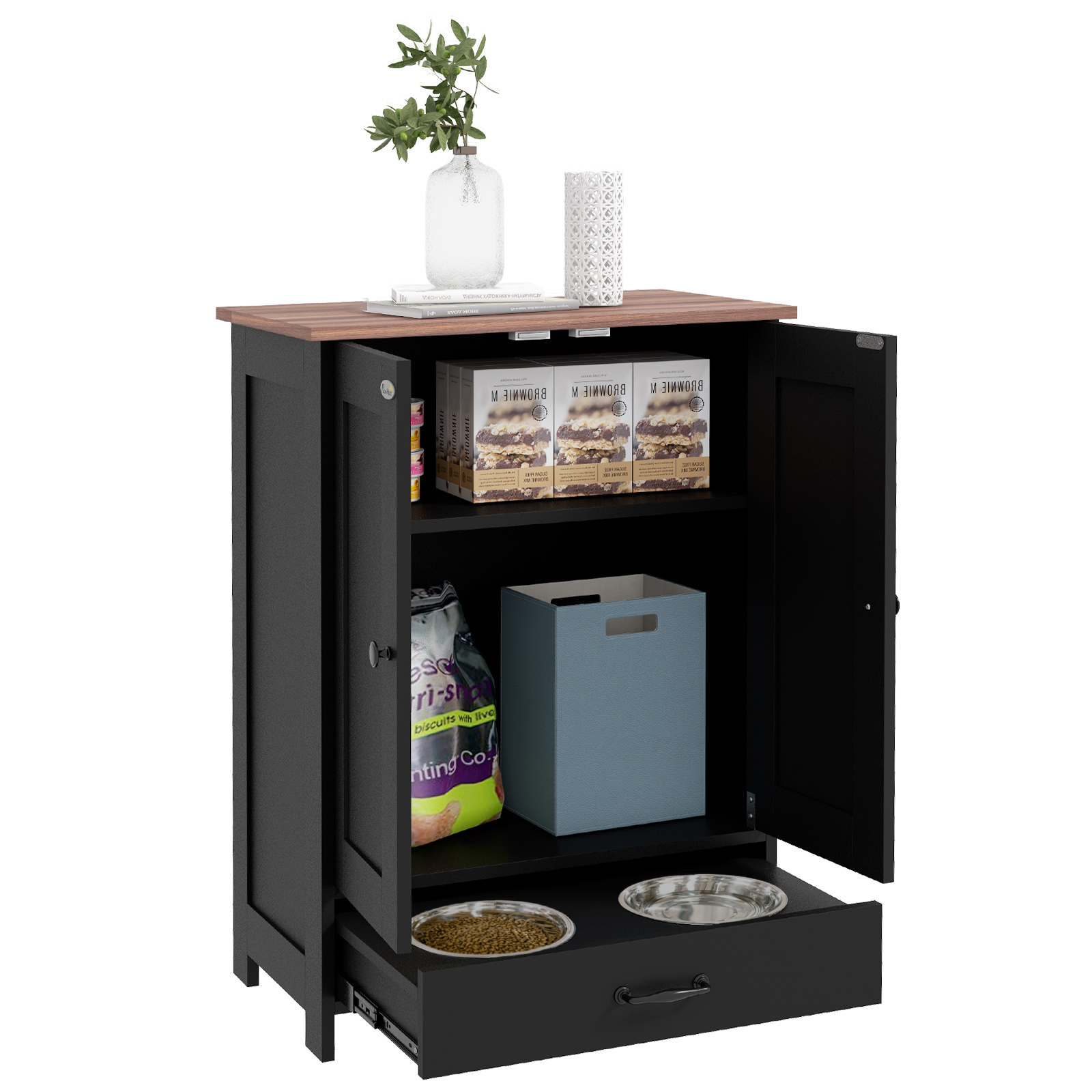 Pet Feeding Station, Dog Food Storage Cabinet w/ Raised Dog Bowls, Adjustable Panel, Hooks for Medium Dogs, Black