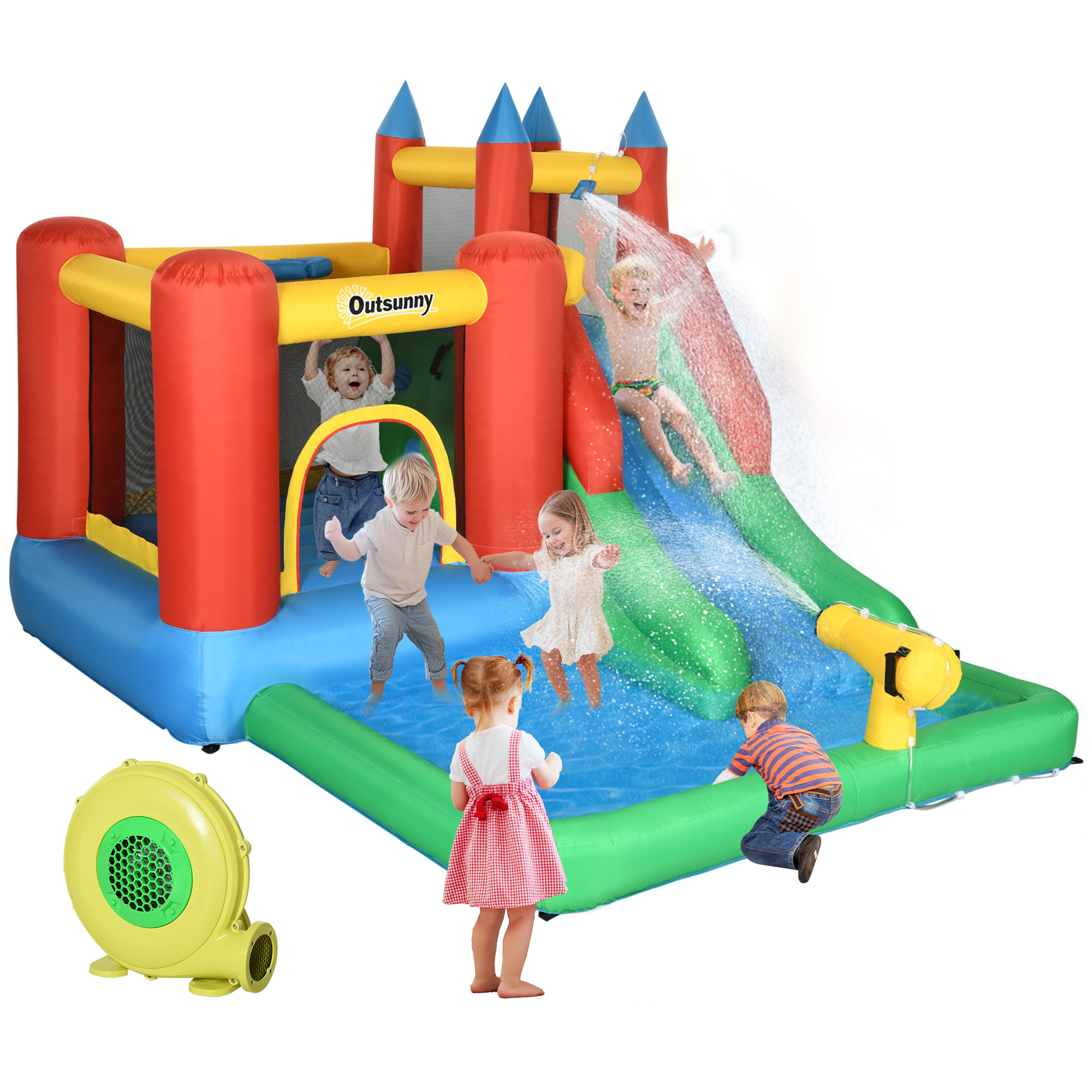 Kids Bounce House Inflatable Slide with Splash Pool, Water Cannon, Climbing Wall, Inflator Included, 6 in1 Bouncy Castle Kids Backyard Activity Outdoor Water Play Toy