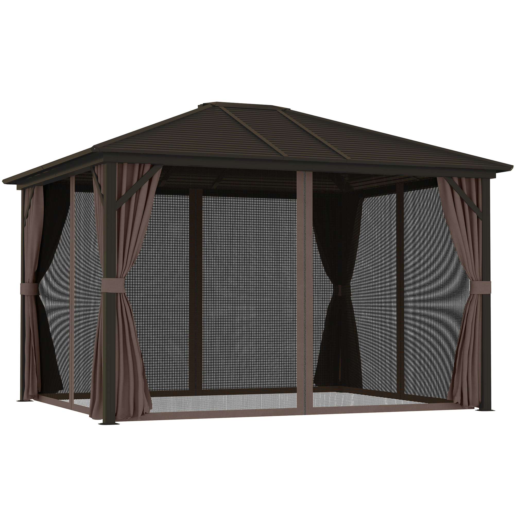 10' x 12' Hardtop Gazebo with Curtains and Netting, Gazebo Canopy with Aluminum Frame and Hooks, Coffee