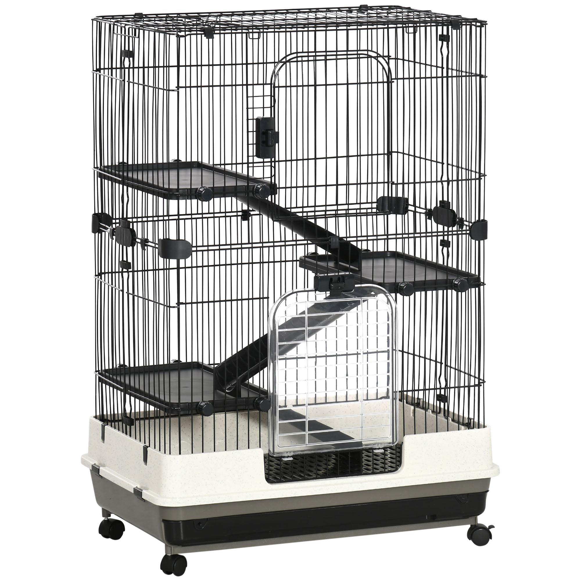 32"L 4-Level Small Animal Cage Rabbit Hutch with Wheels, Slide-out Tray for Bunny, Chinchillas, Ferret, Black