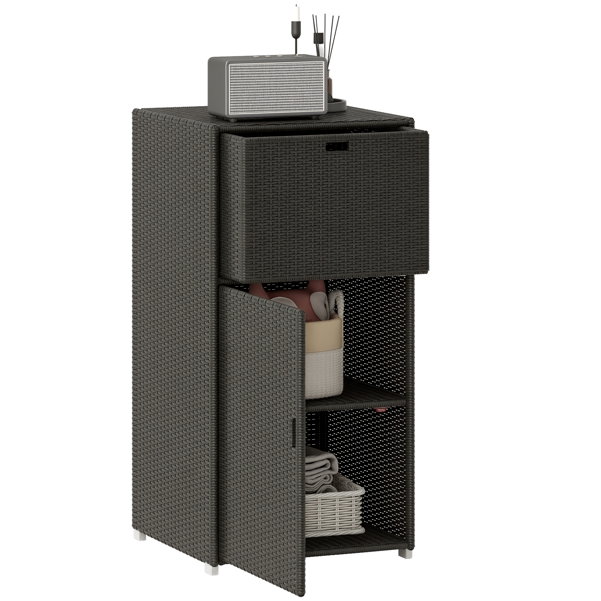 Outdoor Towel Rack for Pool w/ Drawer & Cabinet, Dark Brown
