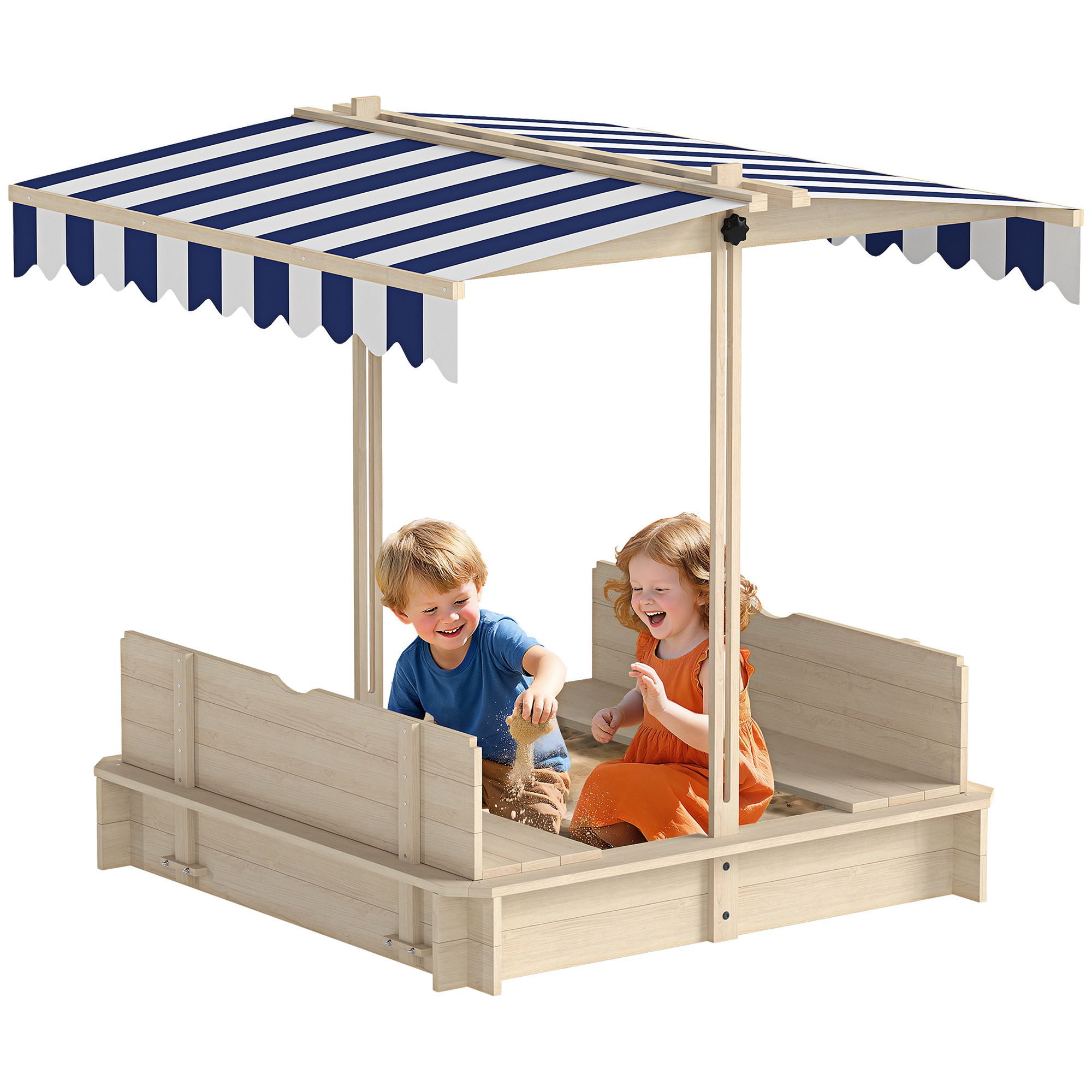 Wooden Kids Sandbox with Cover, Children Outdoor Sand Box with Foldable Bench Seats and Adjustable Canopy