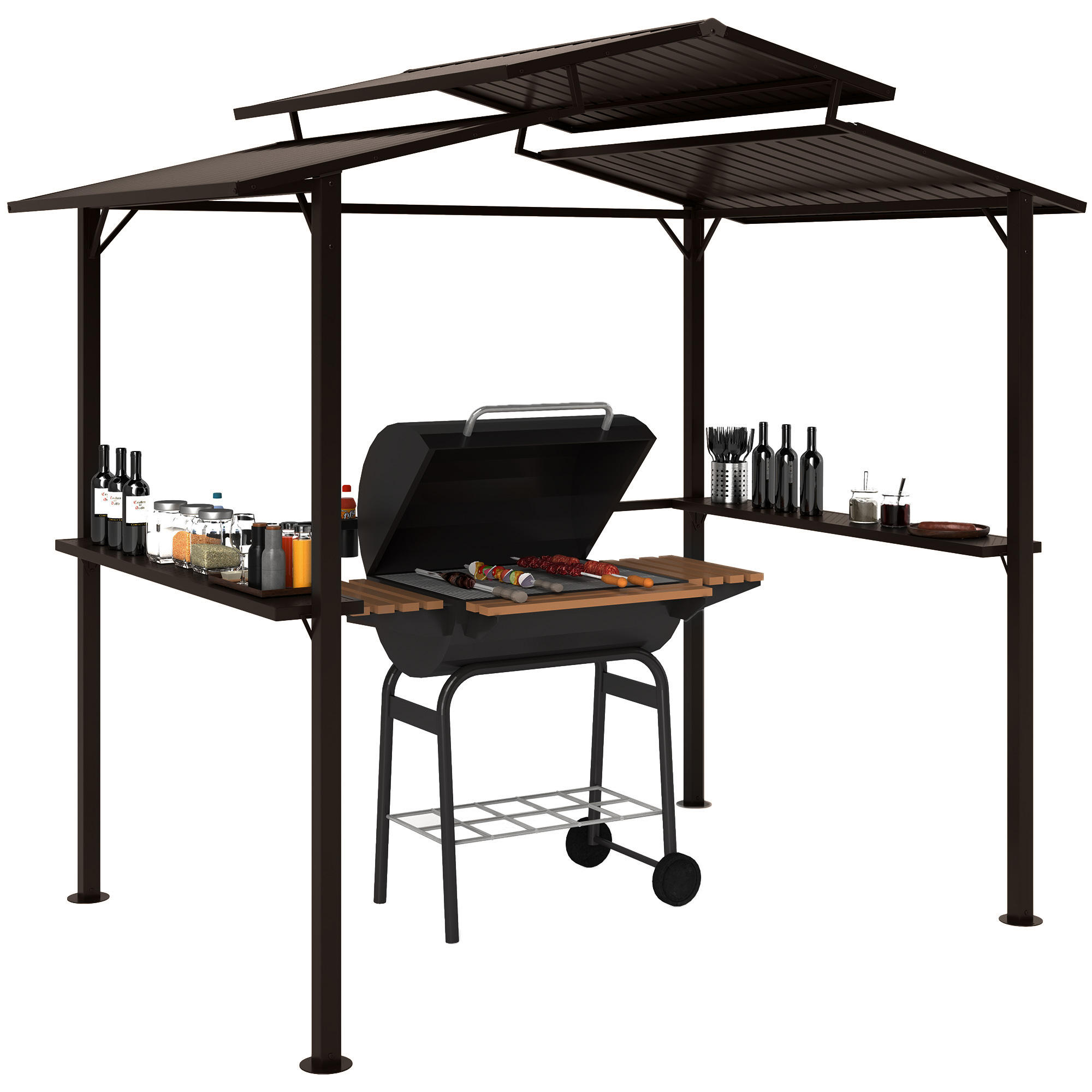 8 x 5ft Hardtop Grill Gazebo with Double Metal Roof, 2 Side Shelves and 4 Cup Holders for Patio Backyard Lawn Deck