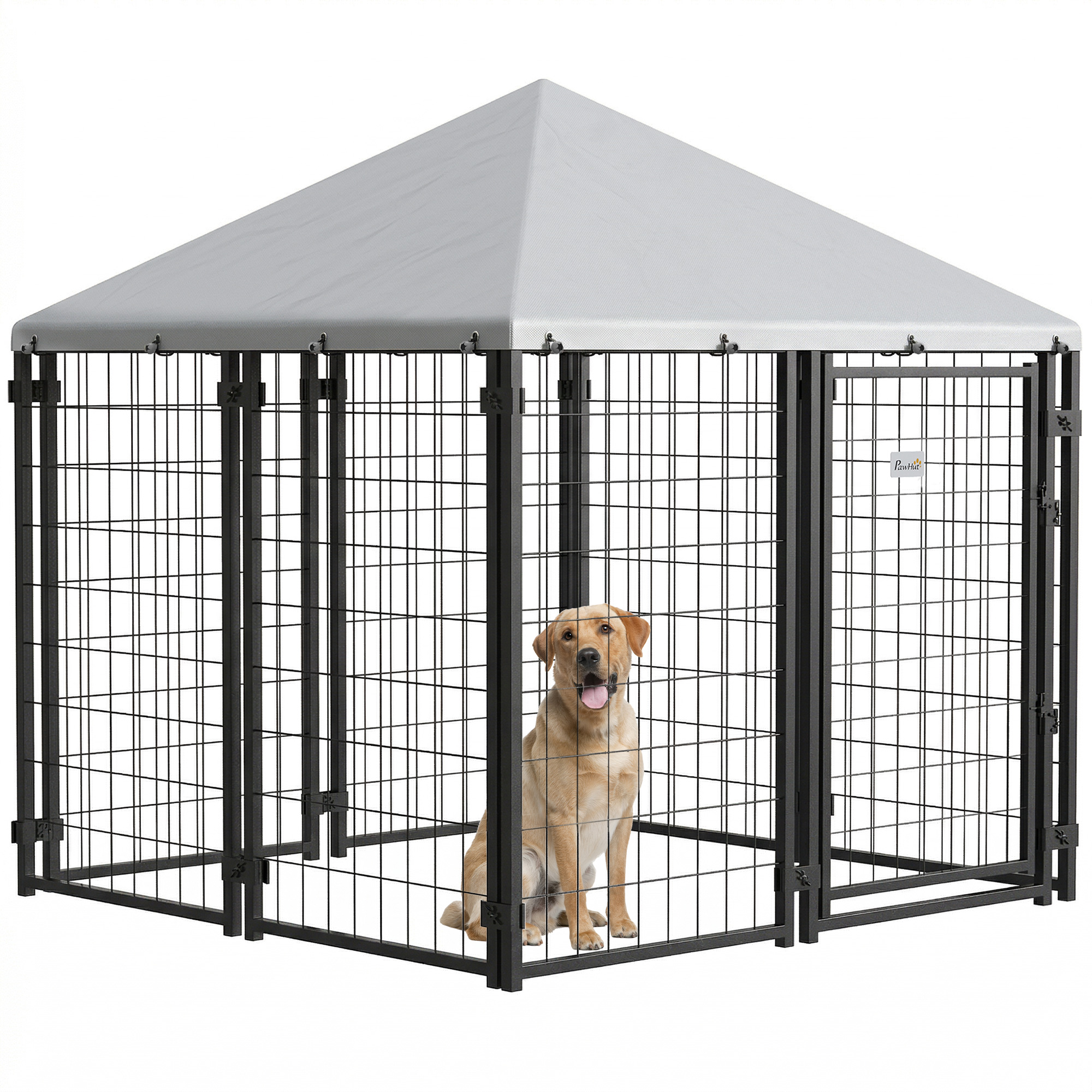 Lockable Dog House Kennel with Water-resistant Roof for Small and Medium Sized Pets, 4.7' x 4.7' x 5.1', Silver