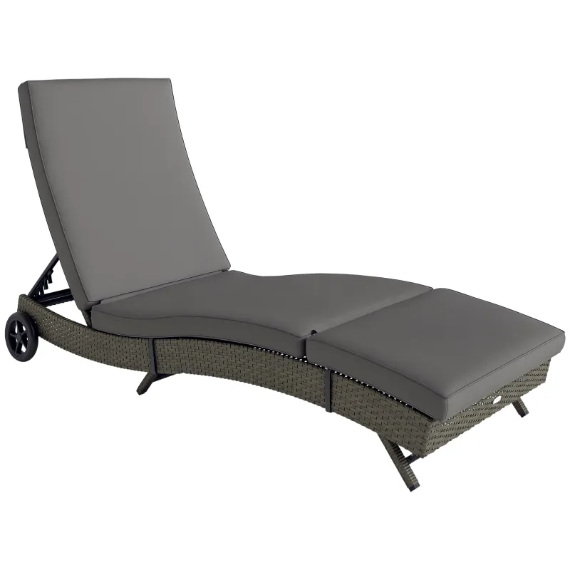 Patio Wicker Chaise Lounge Chair, Outdoor PE Rattan Sun lounger with Adjustable Backrest and 2 Wheels, Gray
