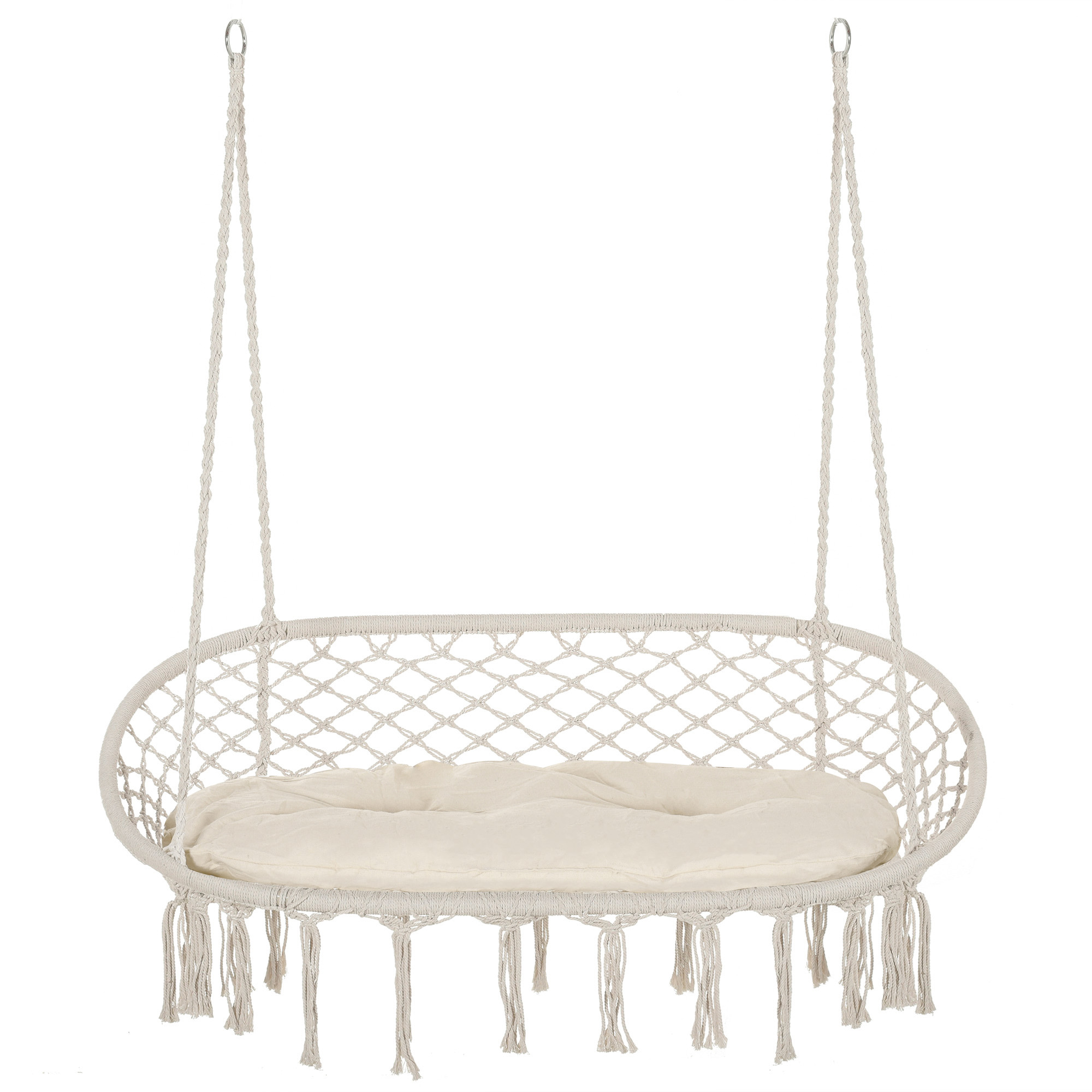 2-Person Hammock Chair Macrame Swing with Soft Cushion, Hanging Cotton Rope Chair for Indoor Outdoor Home Patio Backyard, White