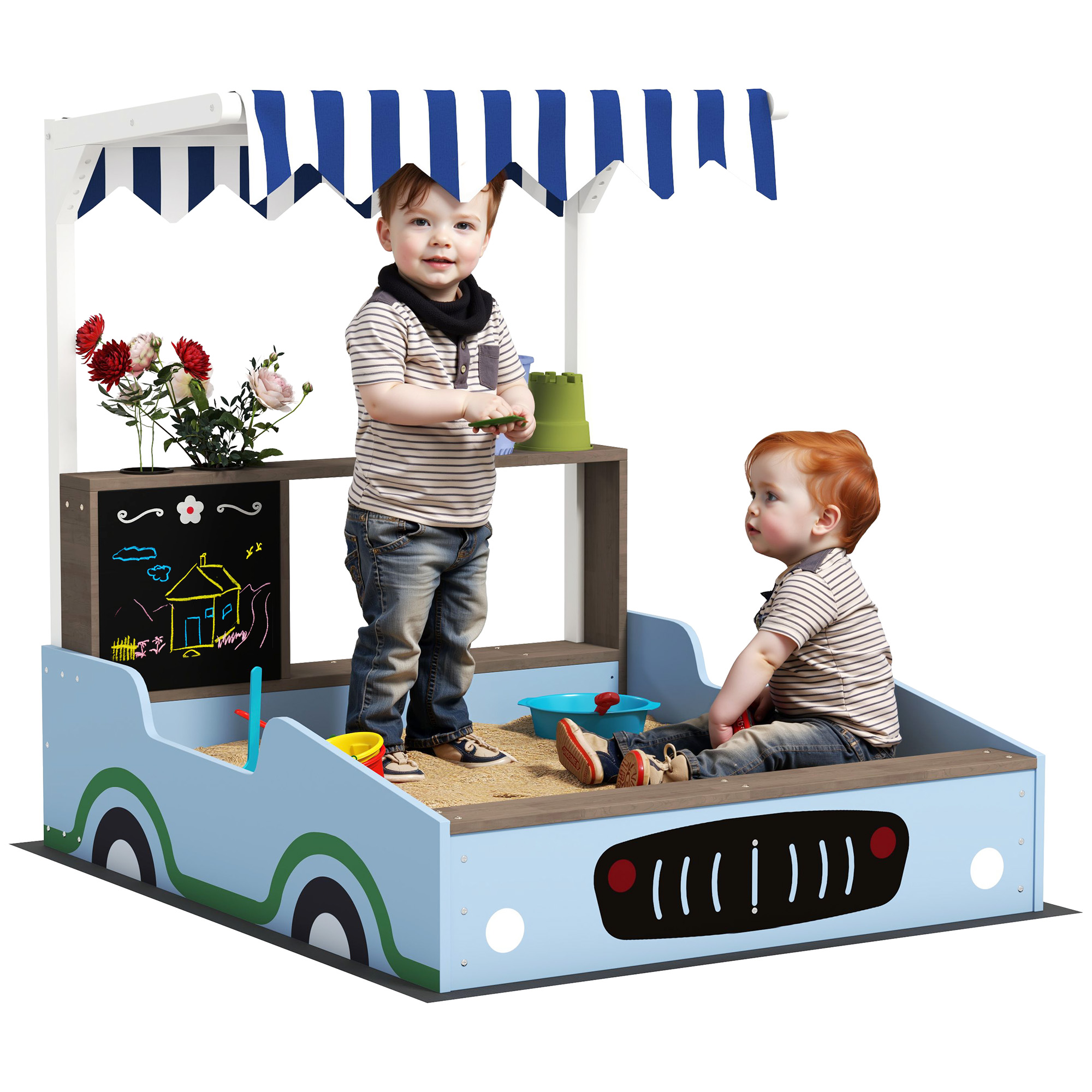Kids Wooden Sandbox with Canopy with Bench Seats, Bottom Liner, Drawing Board, Planting Boxes for Backyard, Garden, Blue