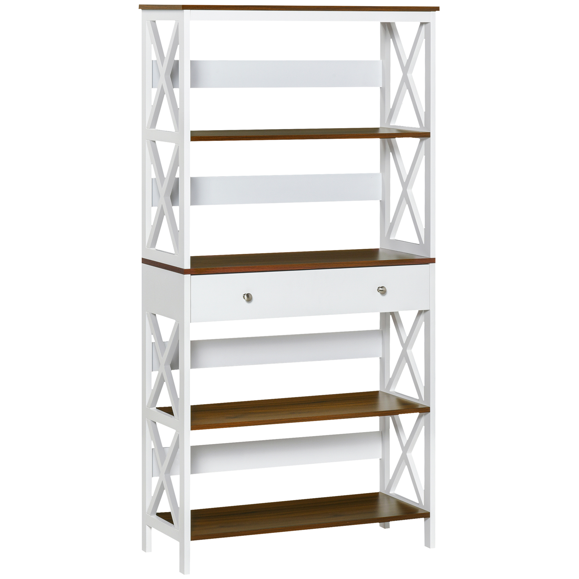  4-Tier Shelving Bookcase Storage Cupboard with Pull Out Drawer, and Wooden Frame with X Bar Stability, White