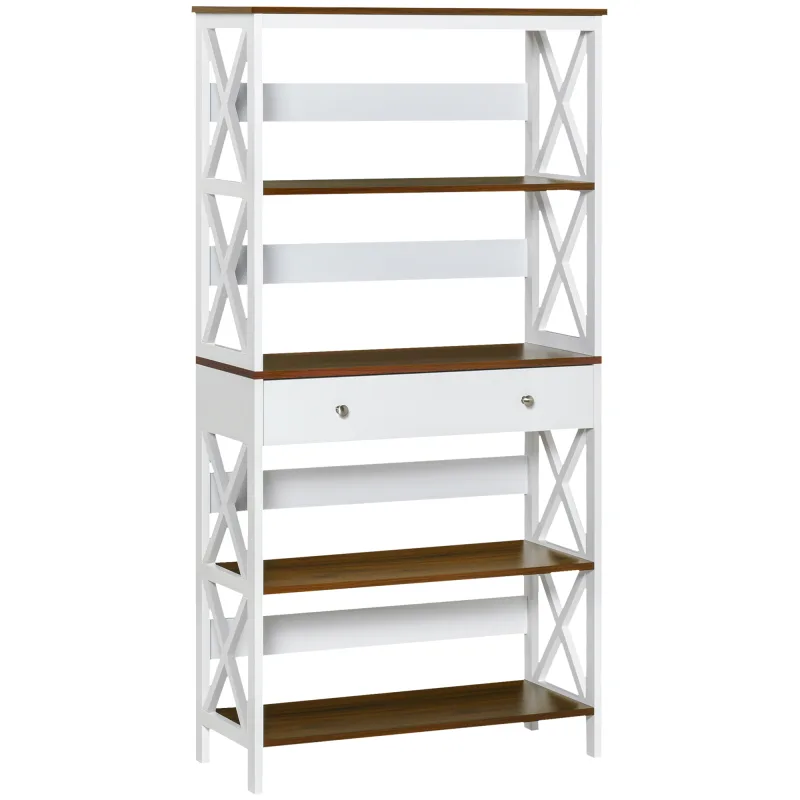  4-Tier Shelving Bookcase Storage Cupboard with Pull Out Drawer, and Wooden Frame with X Bar Stability, White