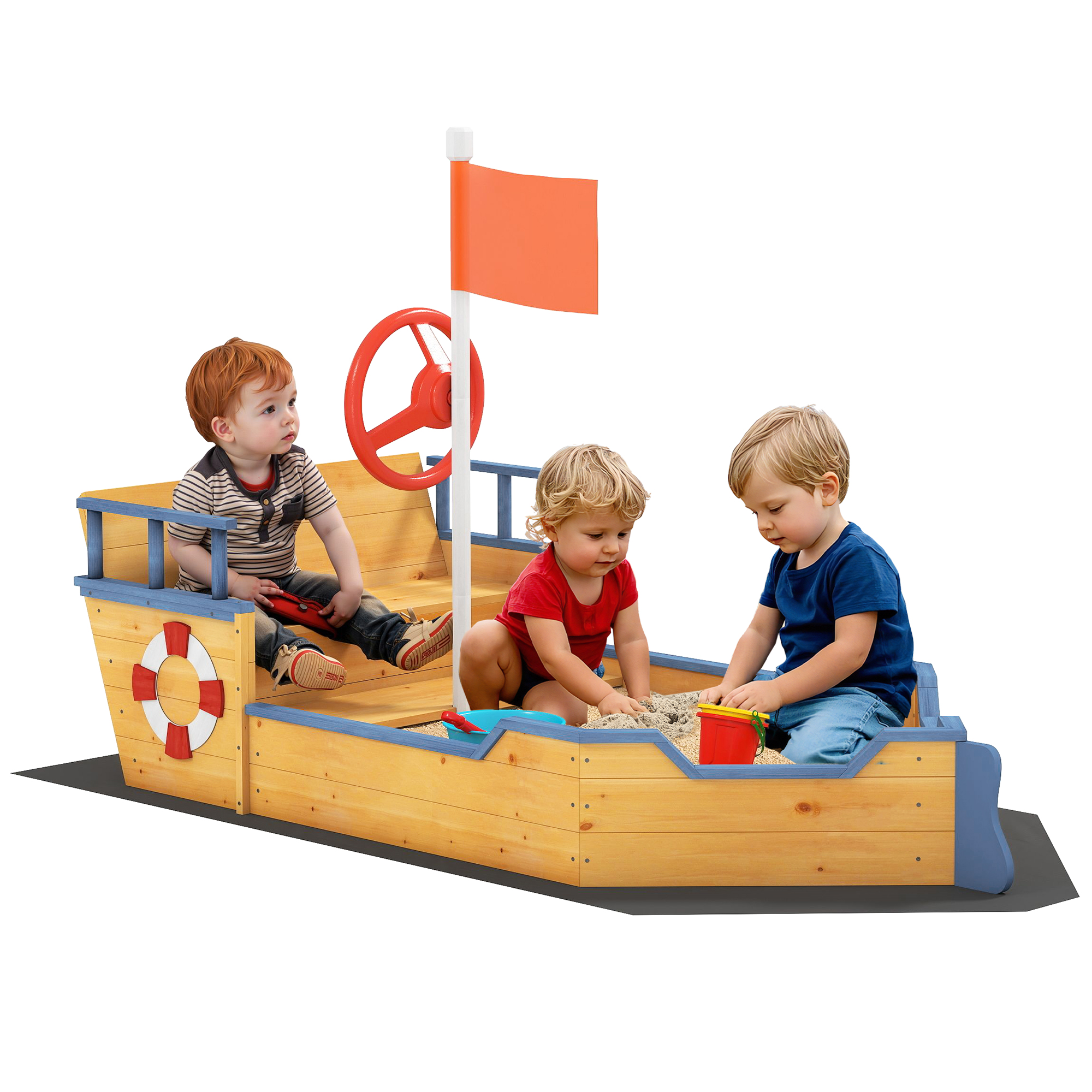 Kids Wooden Sandbox Pirate Ship Sandboat w/ Bench Seat Storage Space Ceder Wood, Natural Wood