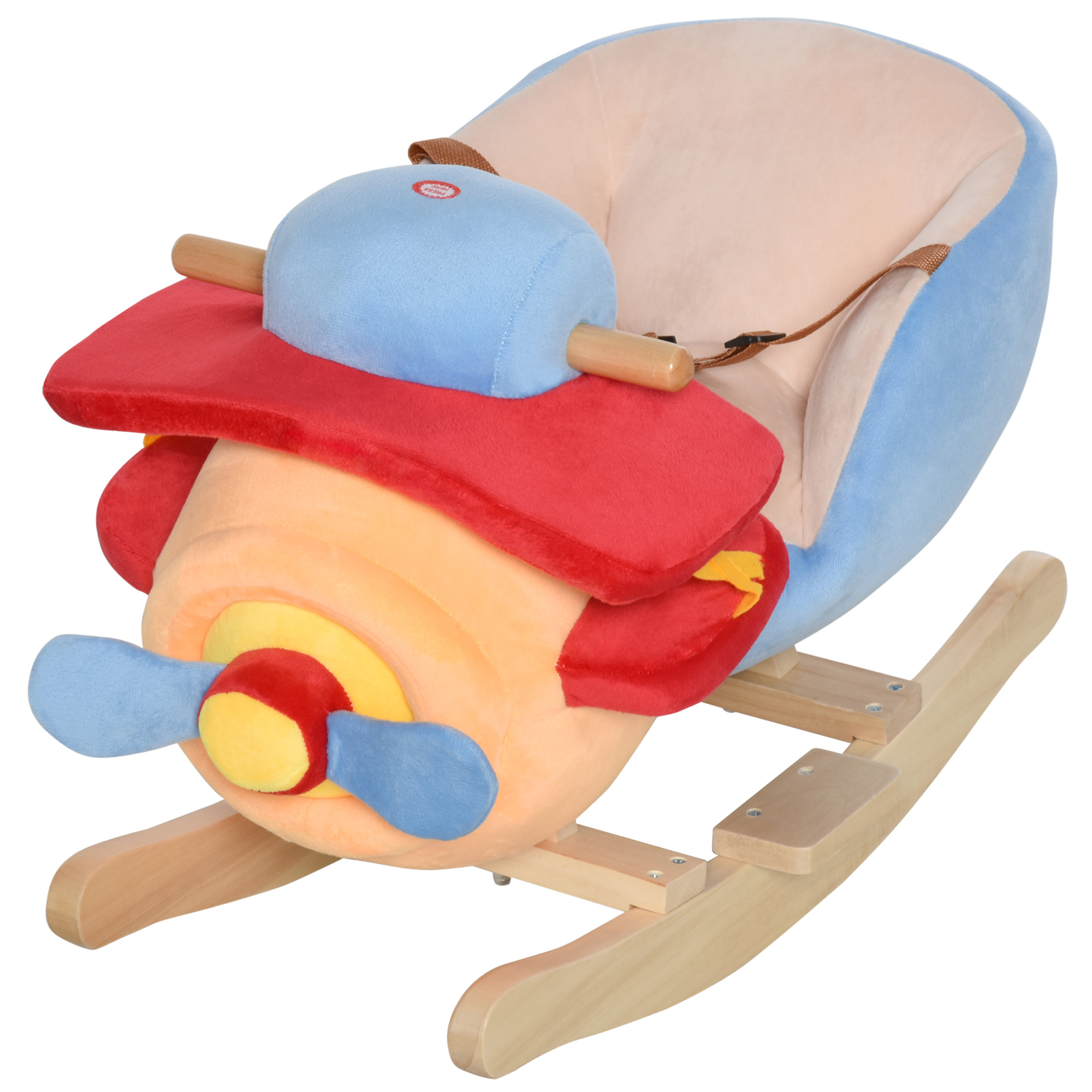 Kids Rocking Horse, Wooden Plush Ride-on Plane Chair Toy with Lullby Song and Seat Belt for 18 Month +
