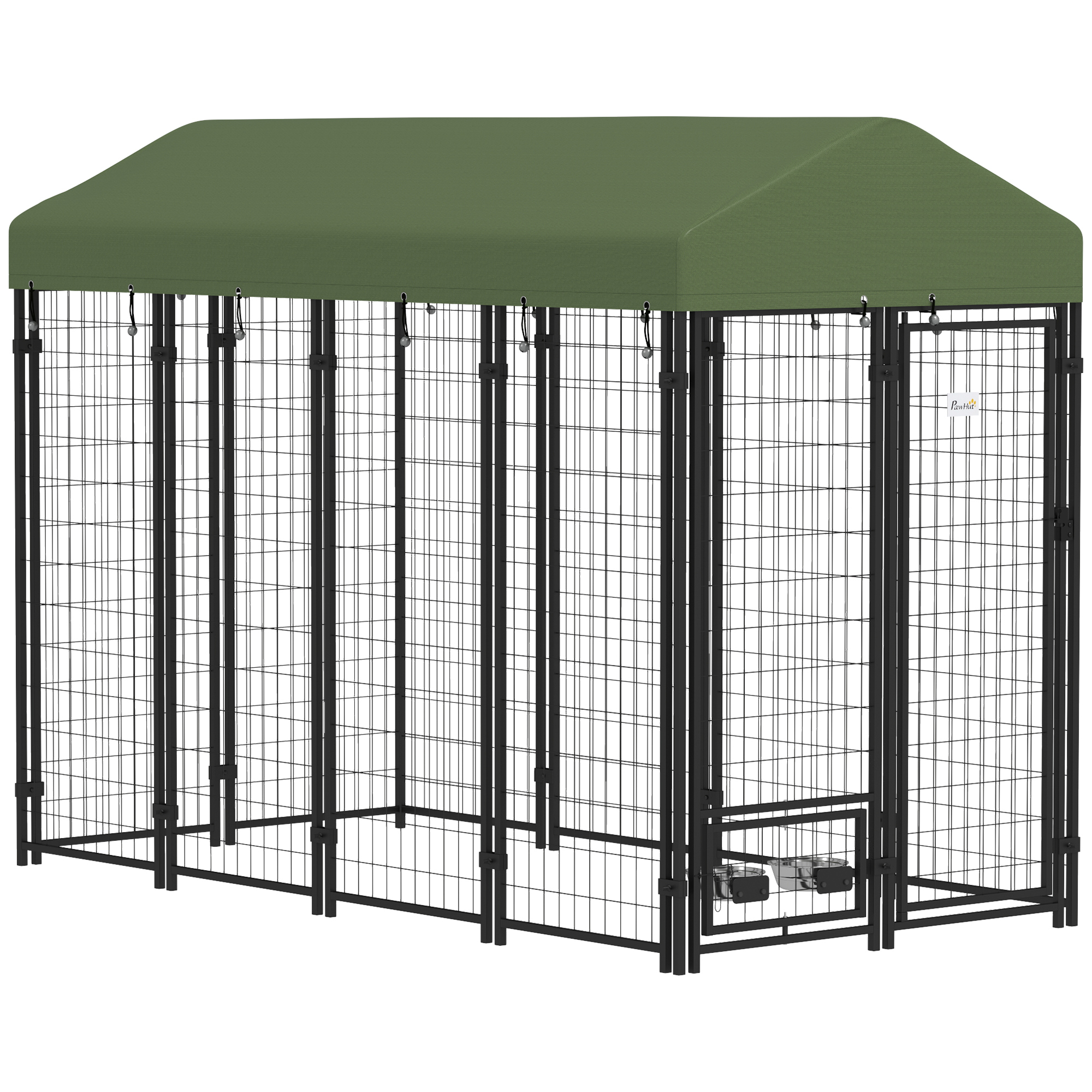 Outdoor Dog Kennel with Rotating Bowl Holders, Pet Playpen with Waterproof Cover, 8' x 4' x 6', Green