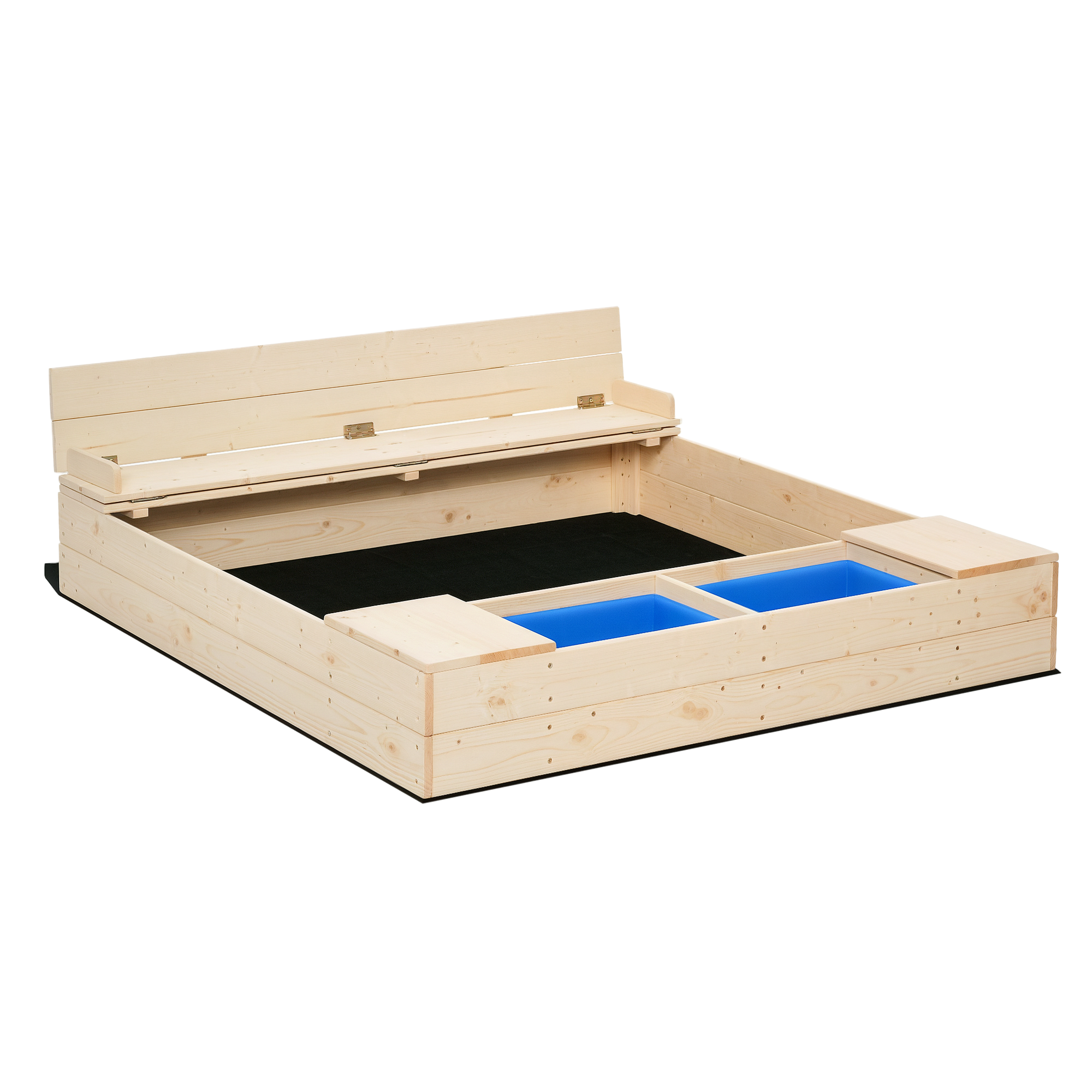 Kids Wooden Sandbox w/ Two Plastic Boxes Foldable Bench Seat Waterproof Cover Bottom Liner Storage Space