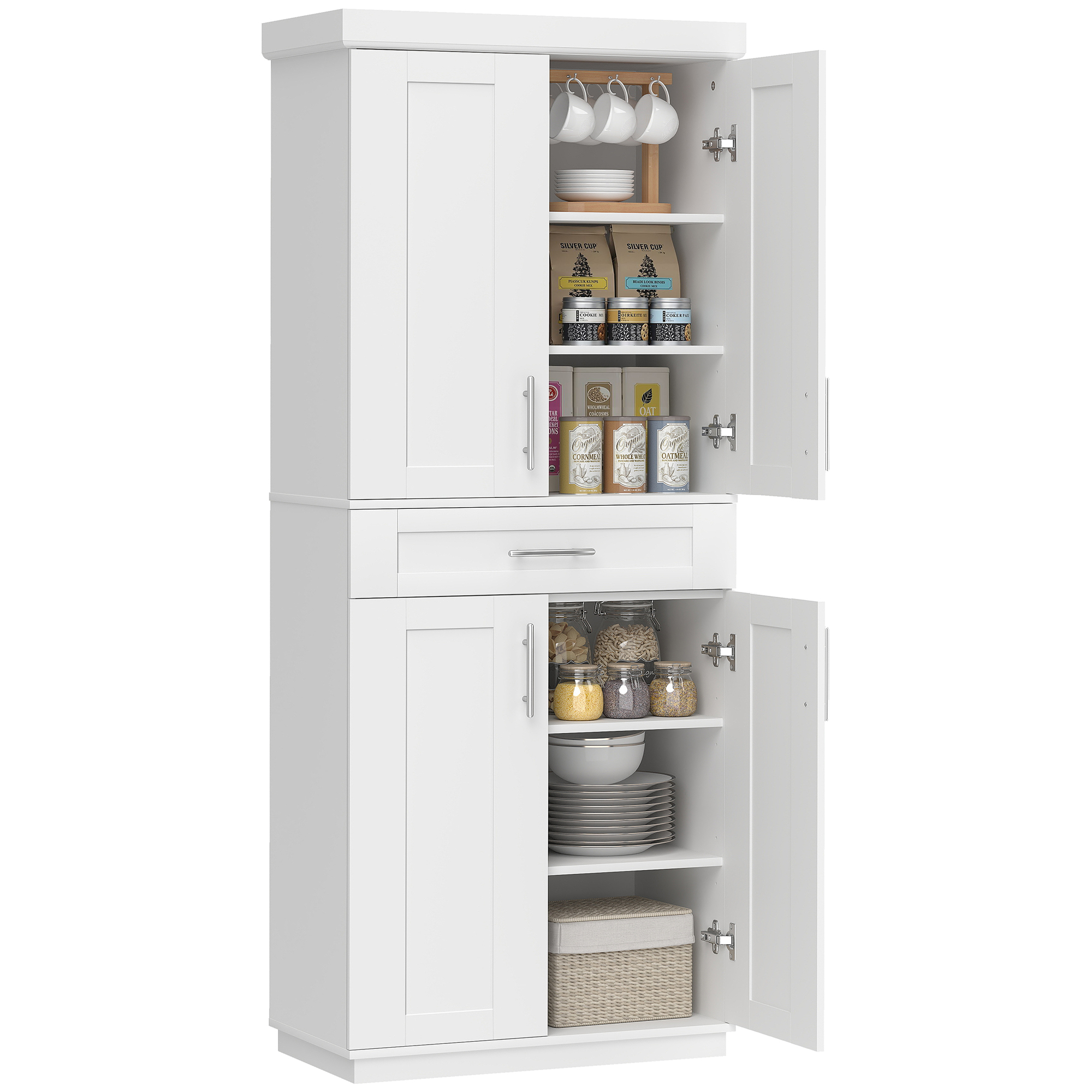 Modern Kitchen Pantry Freestanding Cabinet Cupboard with Doors and Drawer, Adjustable Shelving, White