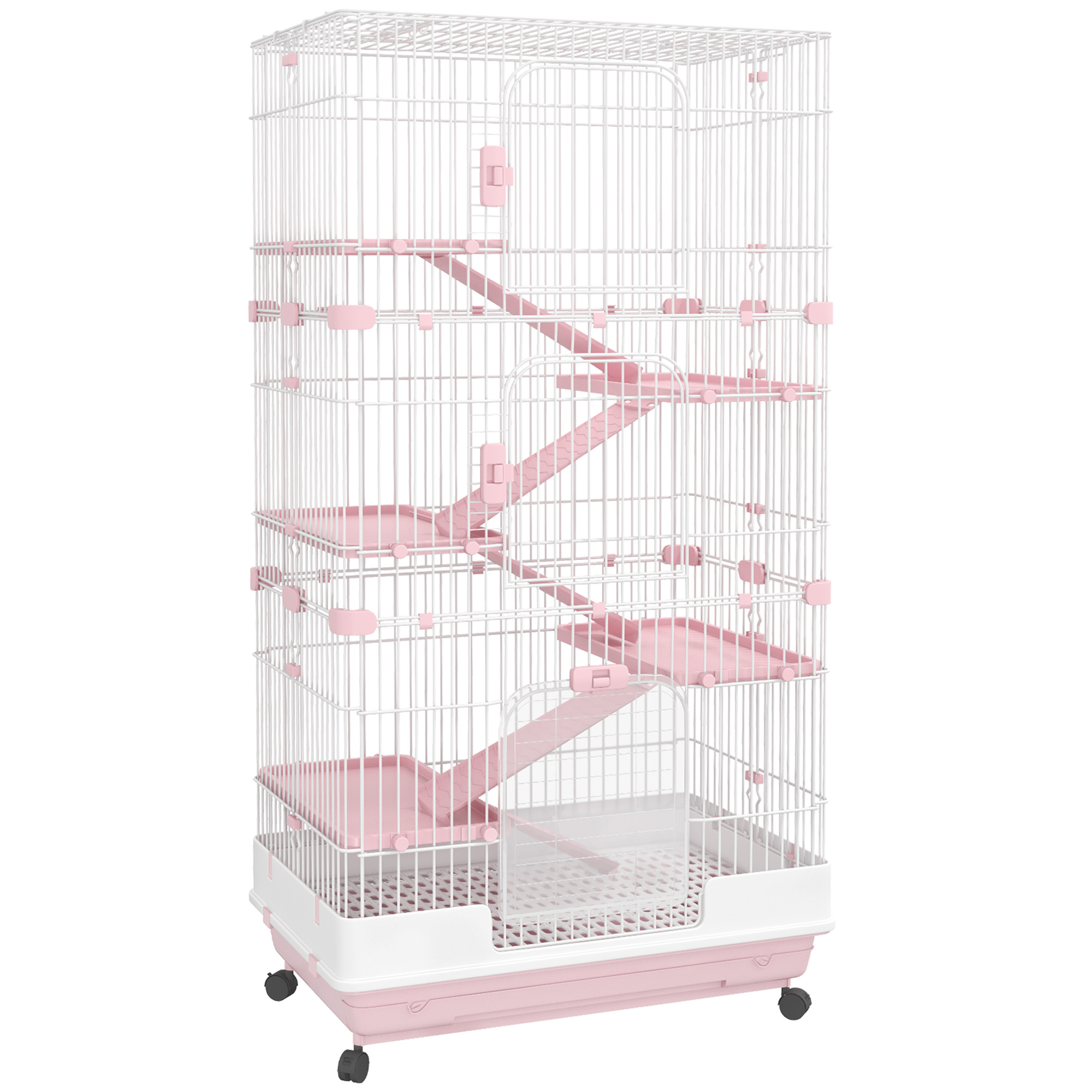 32"L 6-Level Small Animal Cage Bunny Hutch with Universal Wheels, Slide-out Tray for Chinchillas, Ferret, Pink