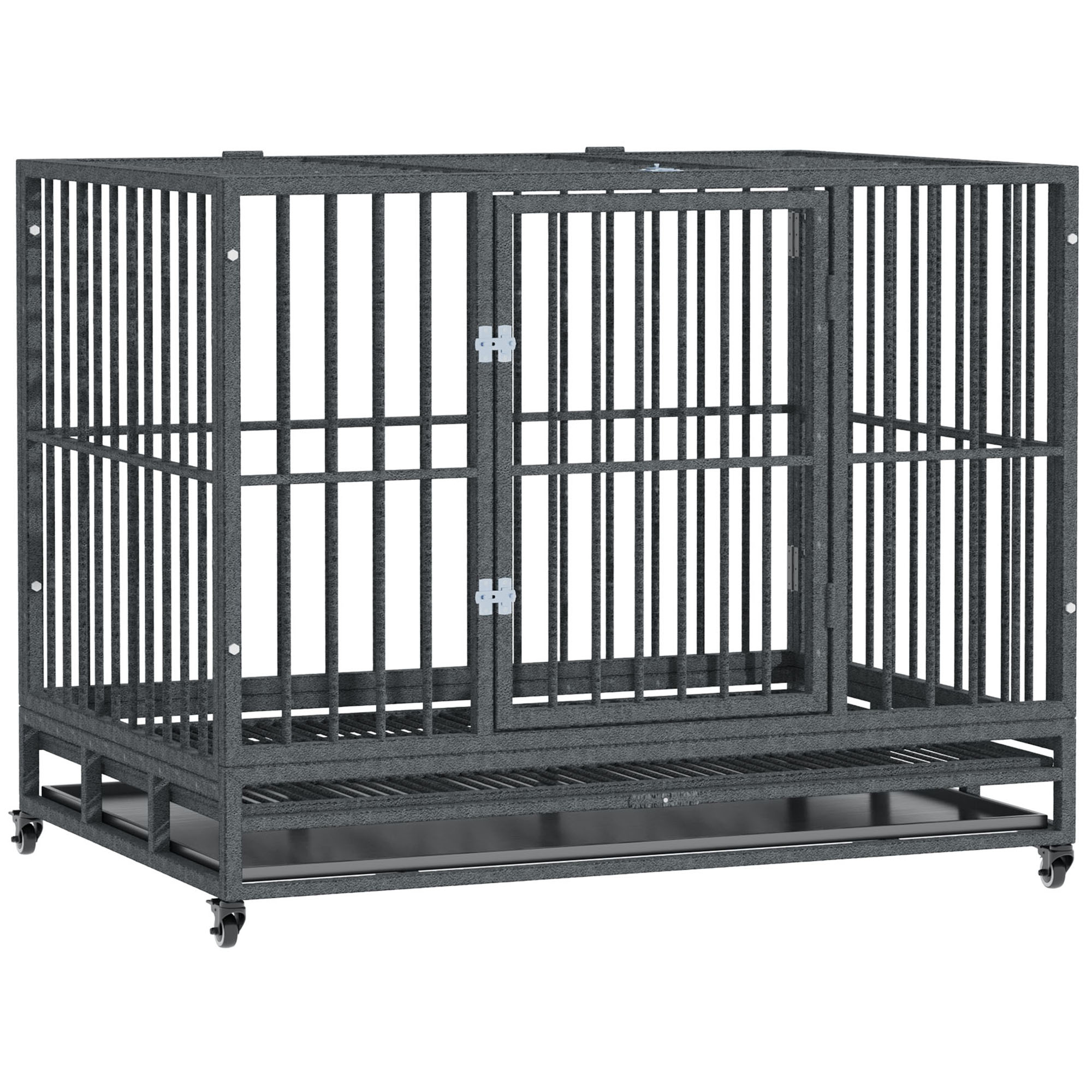 43" Heavy Duty Dog Crate Metal Cage Kennel with Lockable Wheels, Double Door and Removable Tray, Gray
