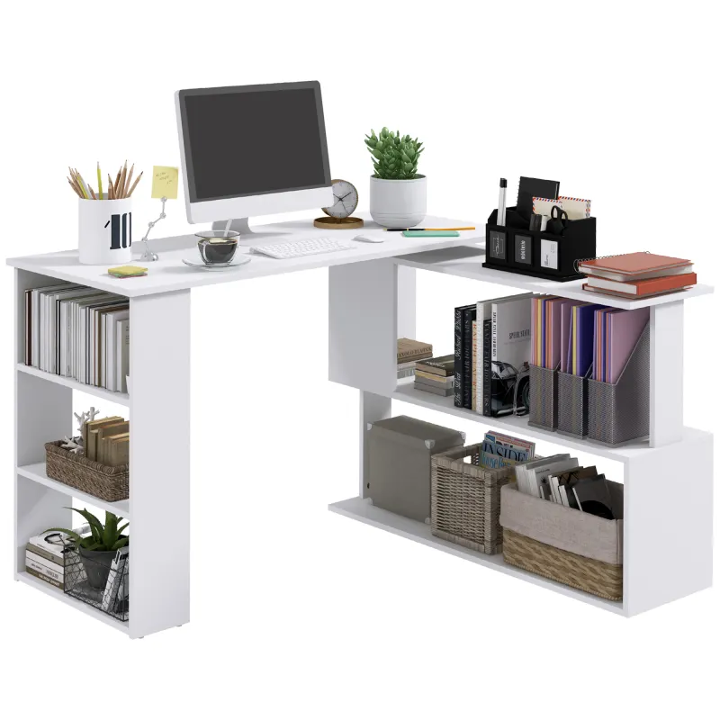 L Shaped Desk, Corner Computer Desk, 360 Degree Rotating Home Office Desk with Storage Shelves, Writing Table Workstation, White