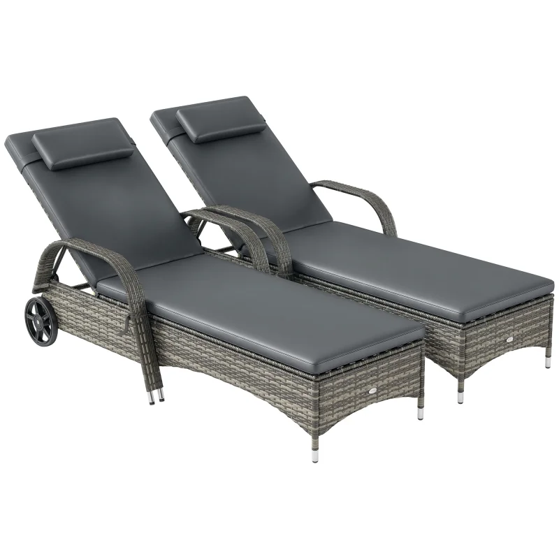 2 Reclining Chaise Lounge Chairs, Rolling Outdoor Chairs with Cushion, Pillow, Headrest, Armrests, and Wheels, Gray